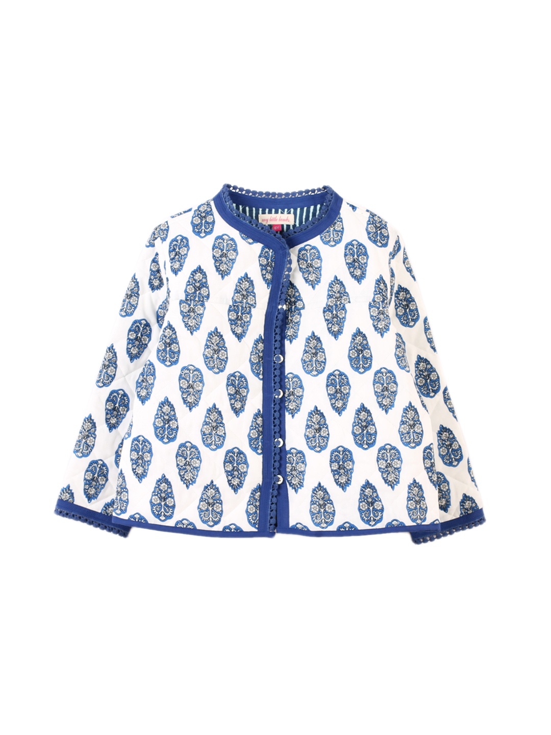 

My Little Lambs Girls White & Blue Printed Reversible Jacket