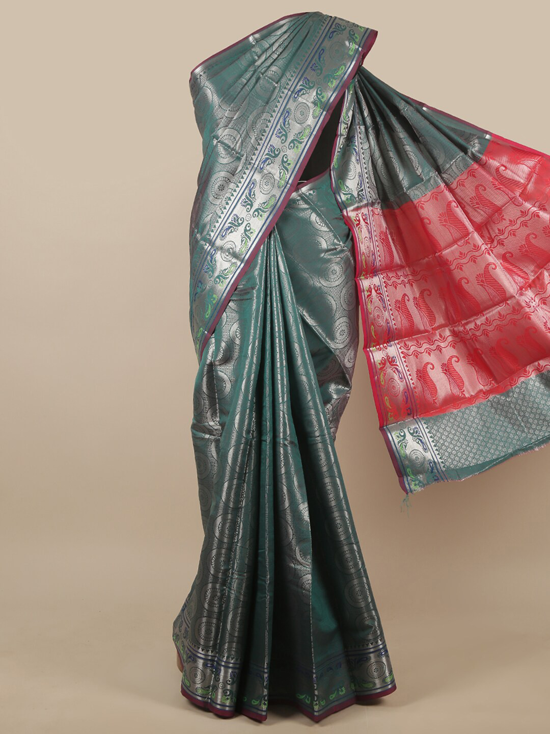 

Pothys Green & Red Paisley Zari Art Silk Saree