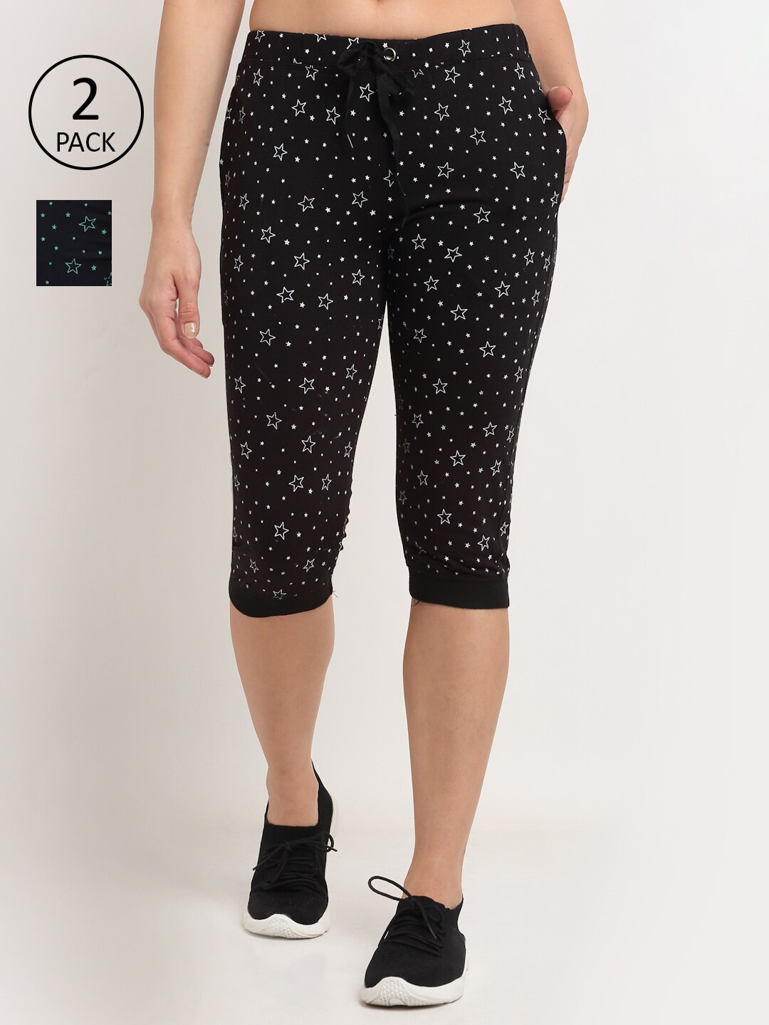 

VIMAL JONNEY Women Pack Of 2 Black & Navy Blue Printed Regular Fit Capris
