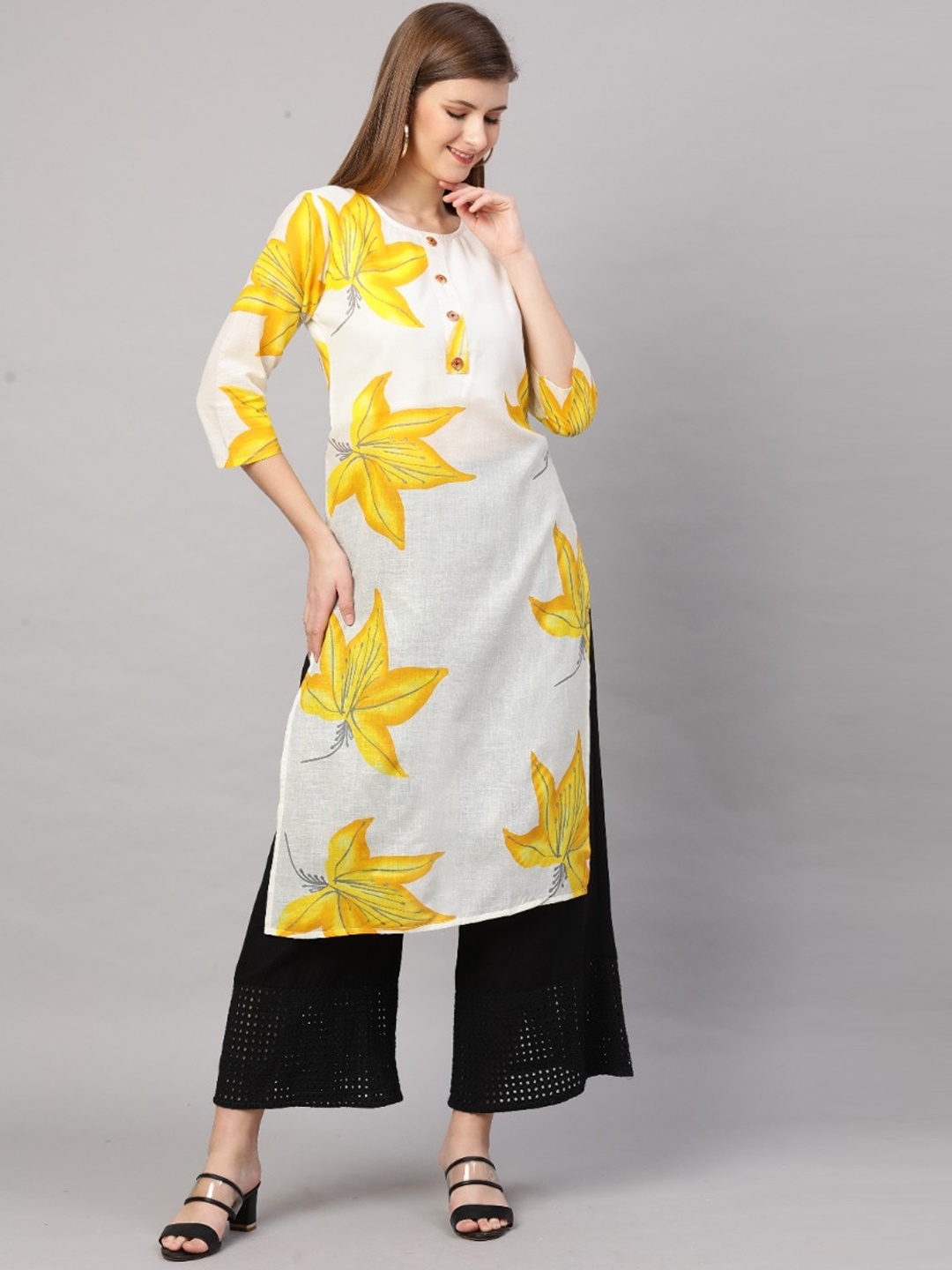 

KALINI Women White & Yellow Printed Kurta