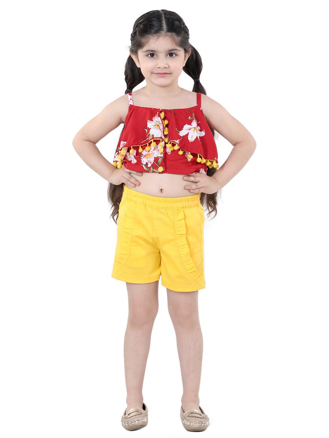 

Cutiekins Girls Red & Yellow Floral Printed Top & Solid Shorts Co-Ords