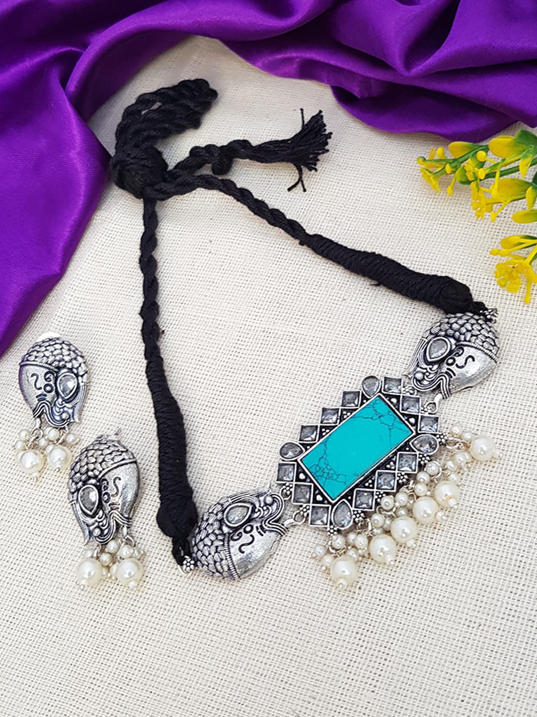 

GRIIHAM Silver-Plated & Blue AD-Studded & Pearl Beaded Jewellery Set