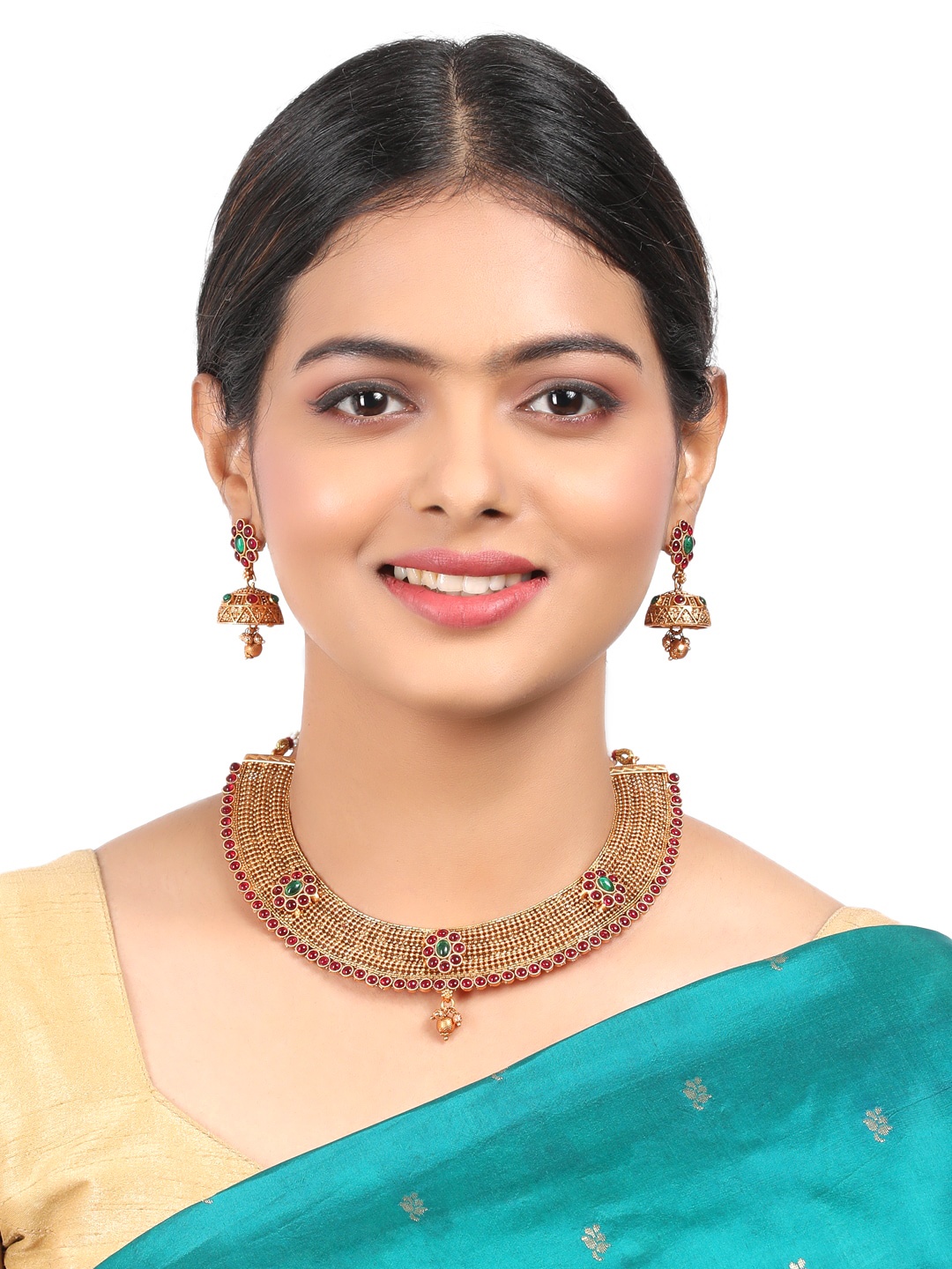 

GRIIHAM Gold-Plated Green & Pink AD-Studded Jewellery Set