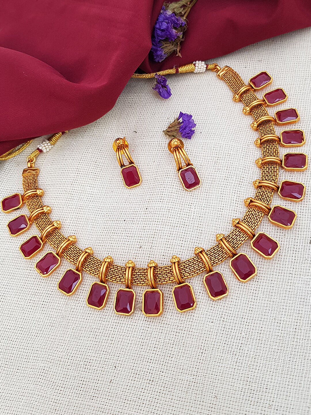 

GRIIHAM Gold-Plated & Pink AD-Studded Jewellery Set