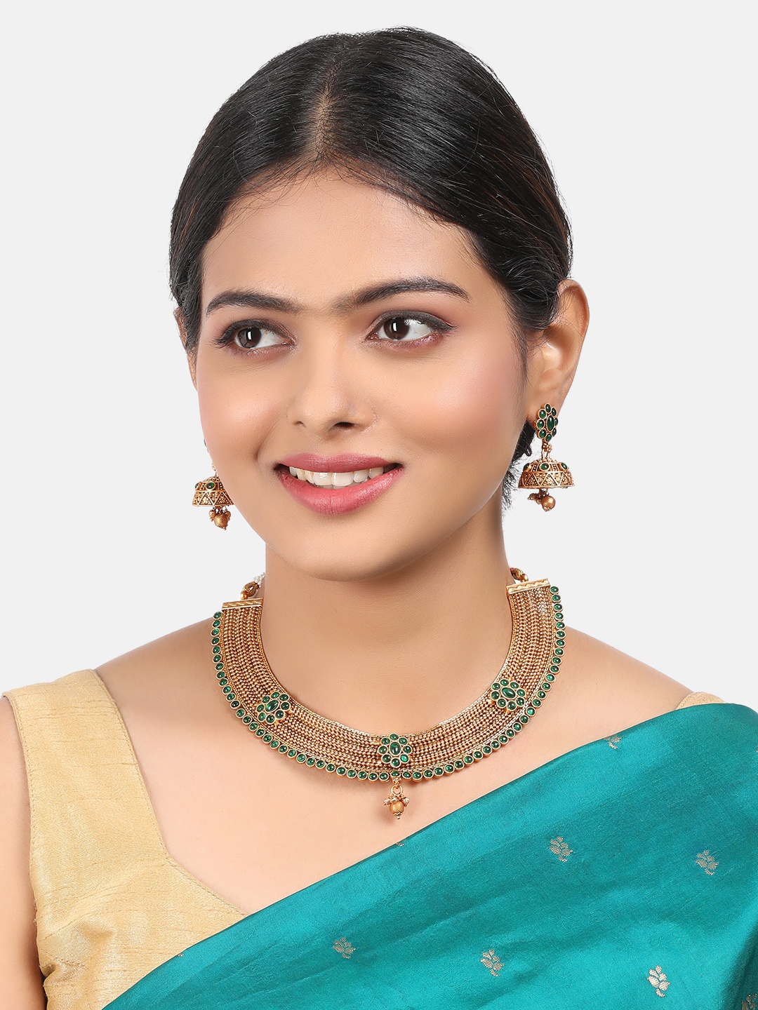 

GRIIHAM Gold-Plated Green AD-Studded Jewellery Set