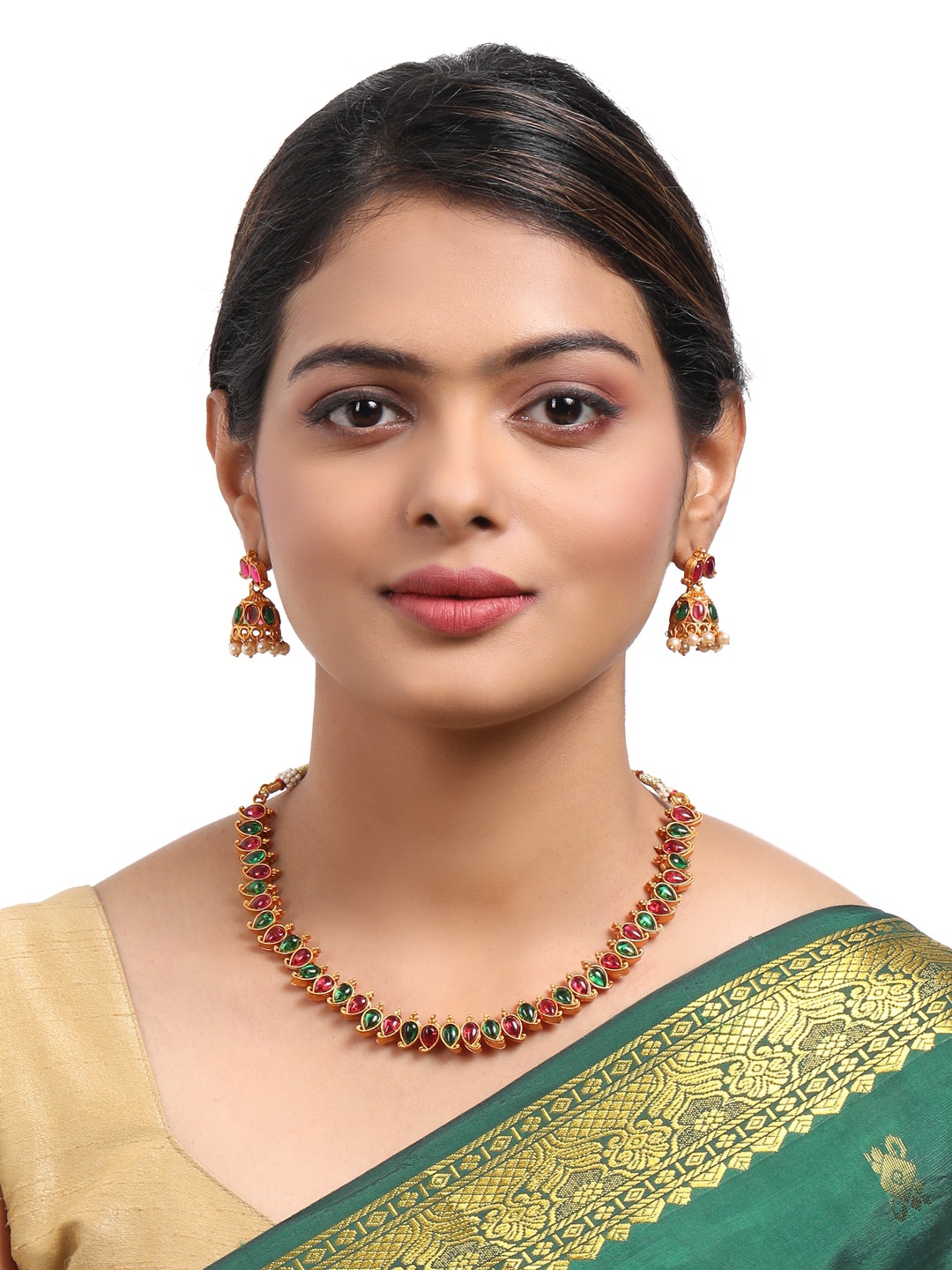 

GRIIHAM Gold-Plated Green & Pink AD Stone Studded Jewellery Set