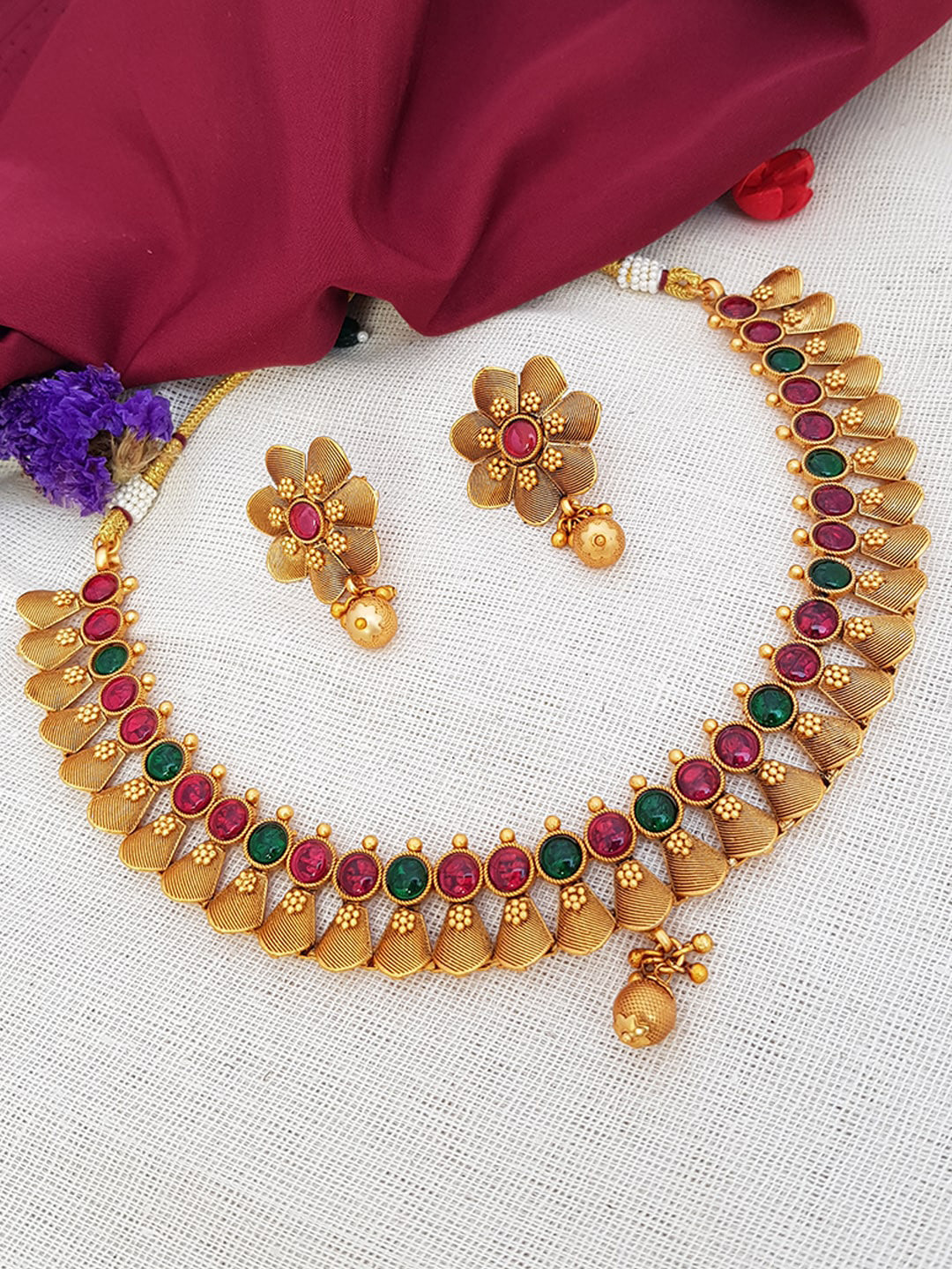 

GRIIHAM Gold-Plated Green & Pink AD-Studded Jewellery Set