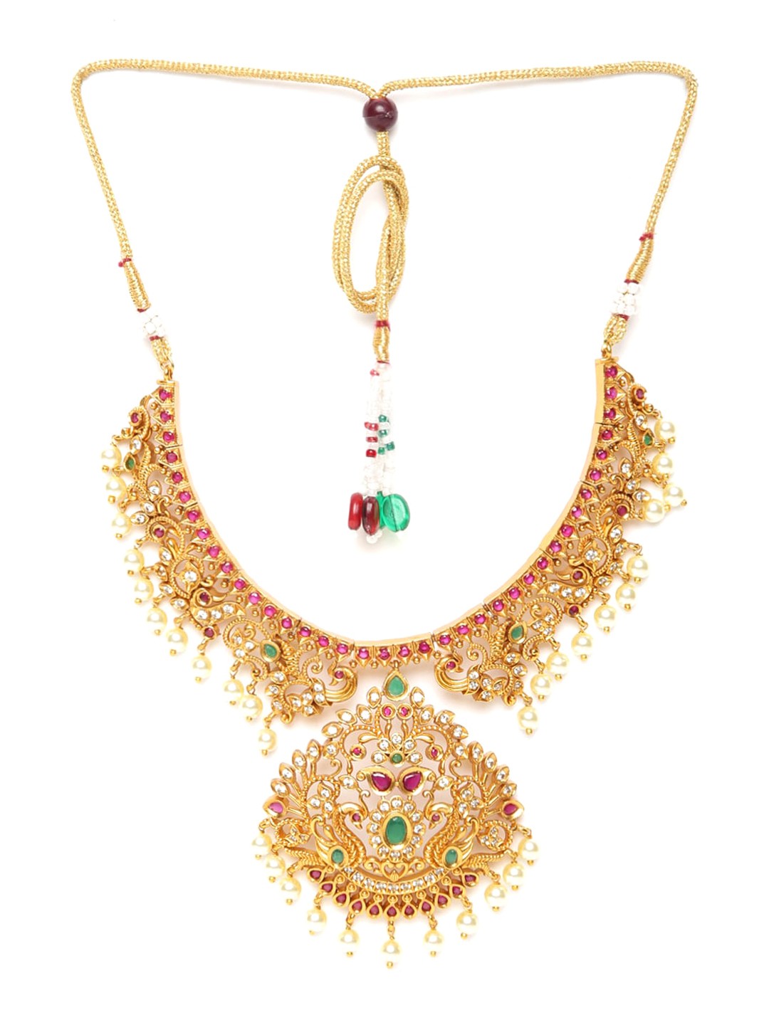 

GRIIHAM Gold-Plated Green & Pink AD-Studded & Pearl Beaded Jewellery Set