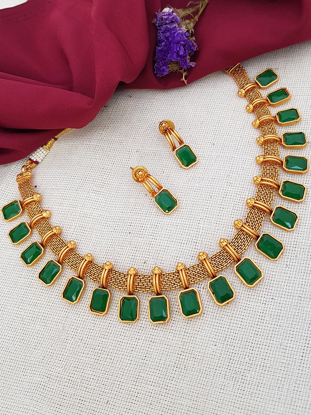 

GRIIHAM Gold-Plated Green AD Stone Studded Jewellery Set