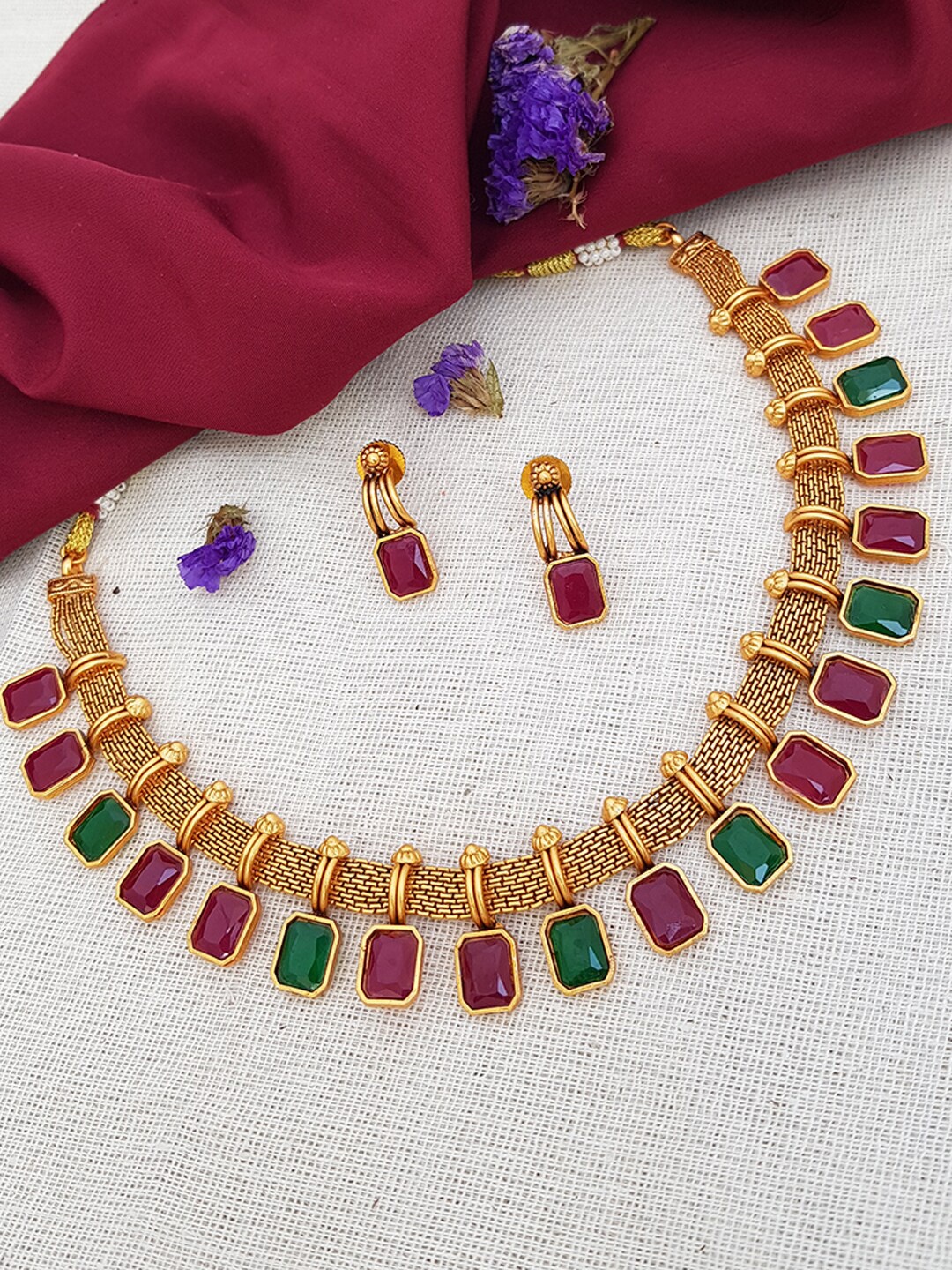 

GRIIHAM Gold-Plated Green & Pink AD-Studded Jewellery Set
