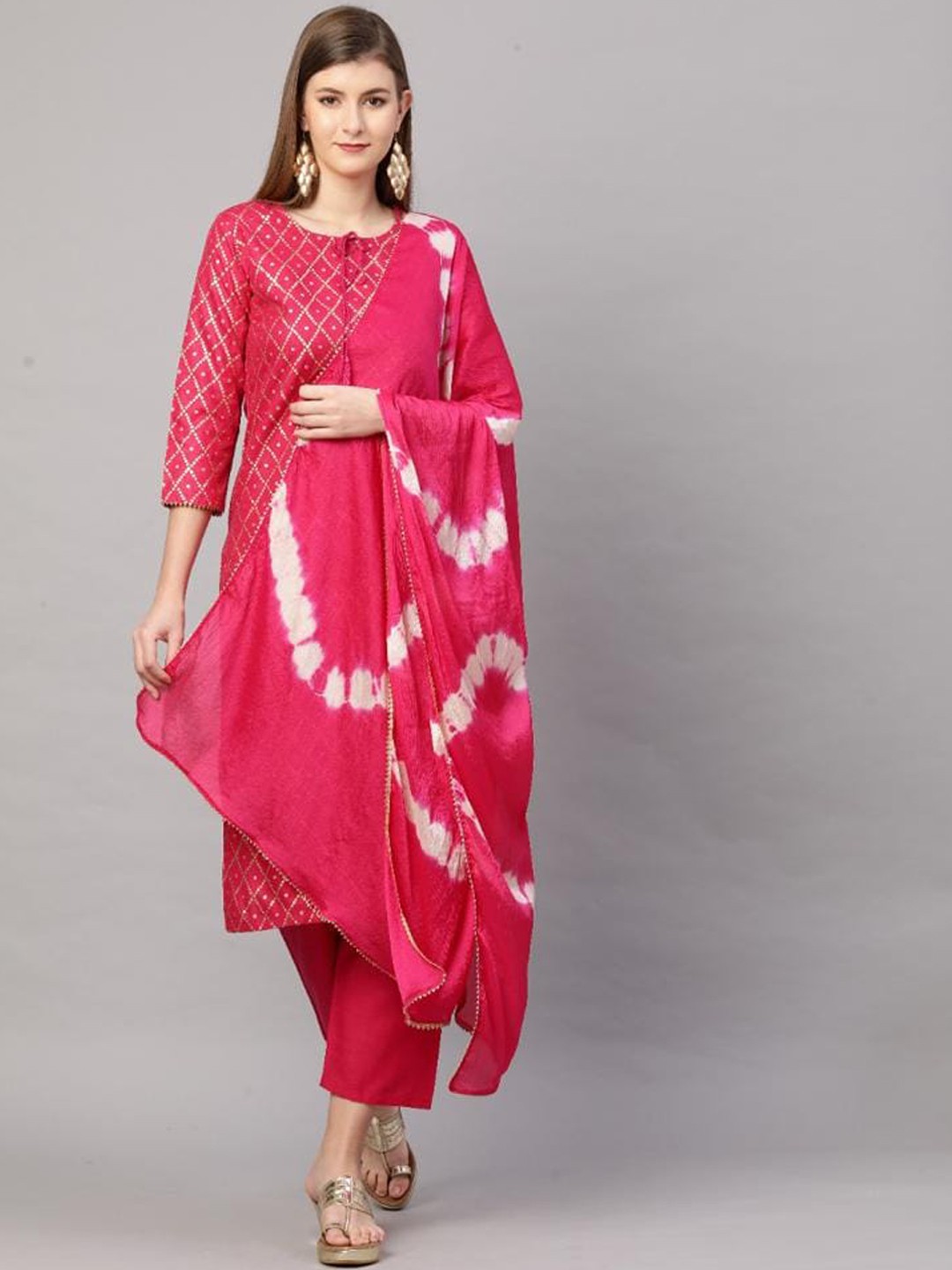 

KALINI Women Pink & Golden Printed Straight Kurta with Trousers & With Dupatta