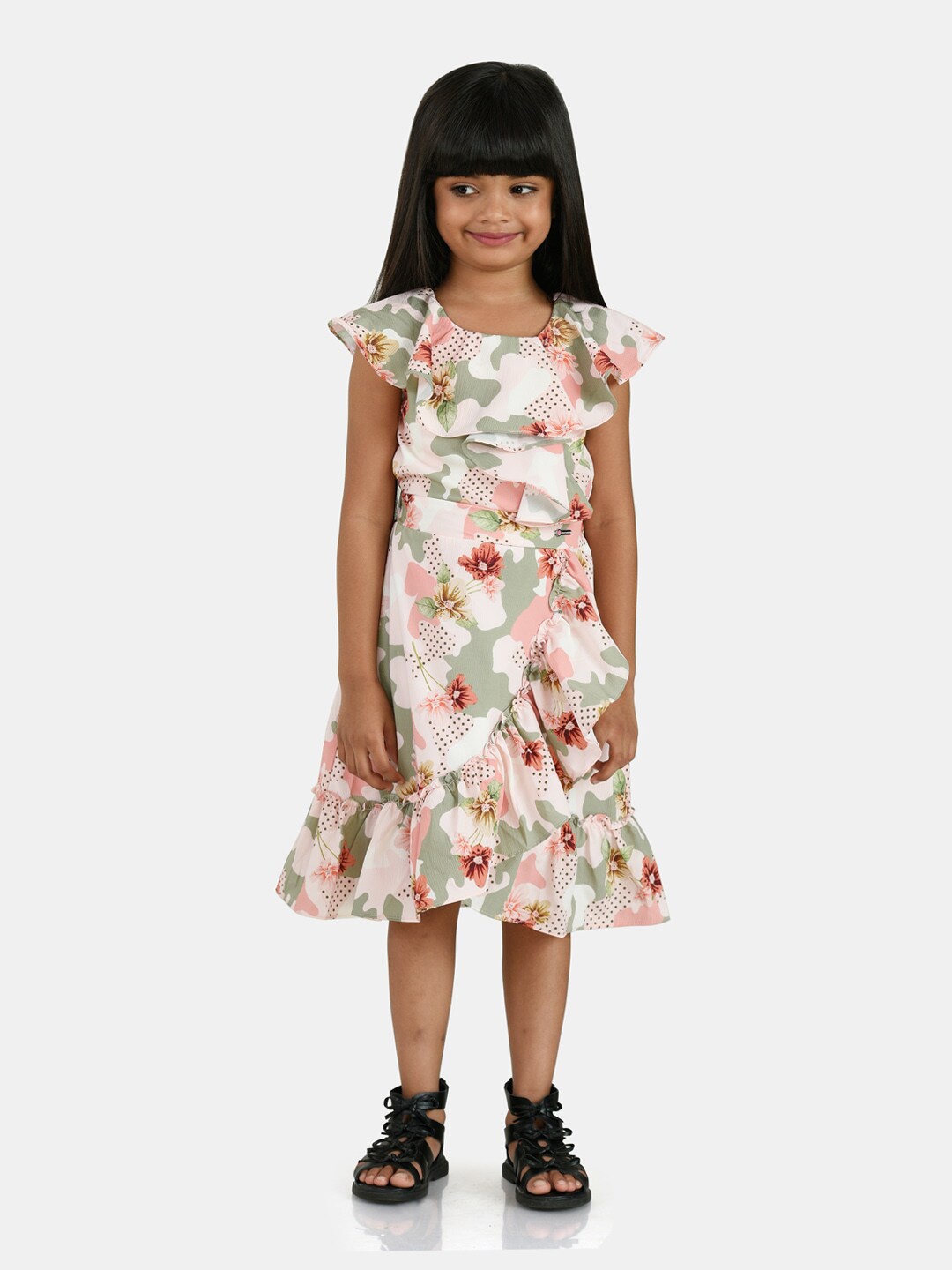 

Peppermint Girls Peach-Coloured Floral Dress with Ruffle