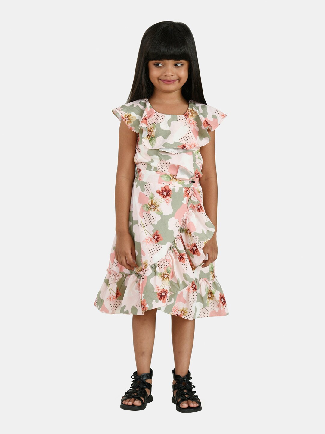 

Peppermint Girls Peach-Coloured & Green Printed Dress
