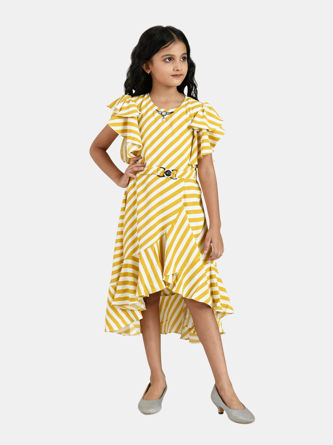 

Peppermint Girls Mustard Yellow & White Striped Chiffon Midi Dress