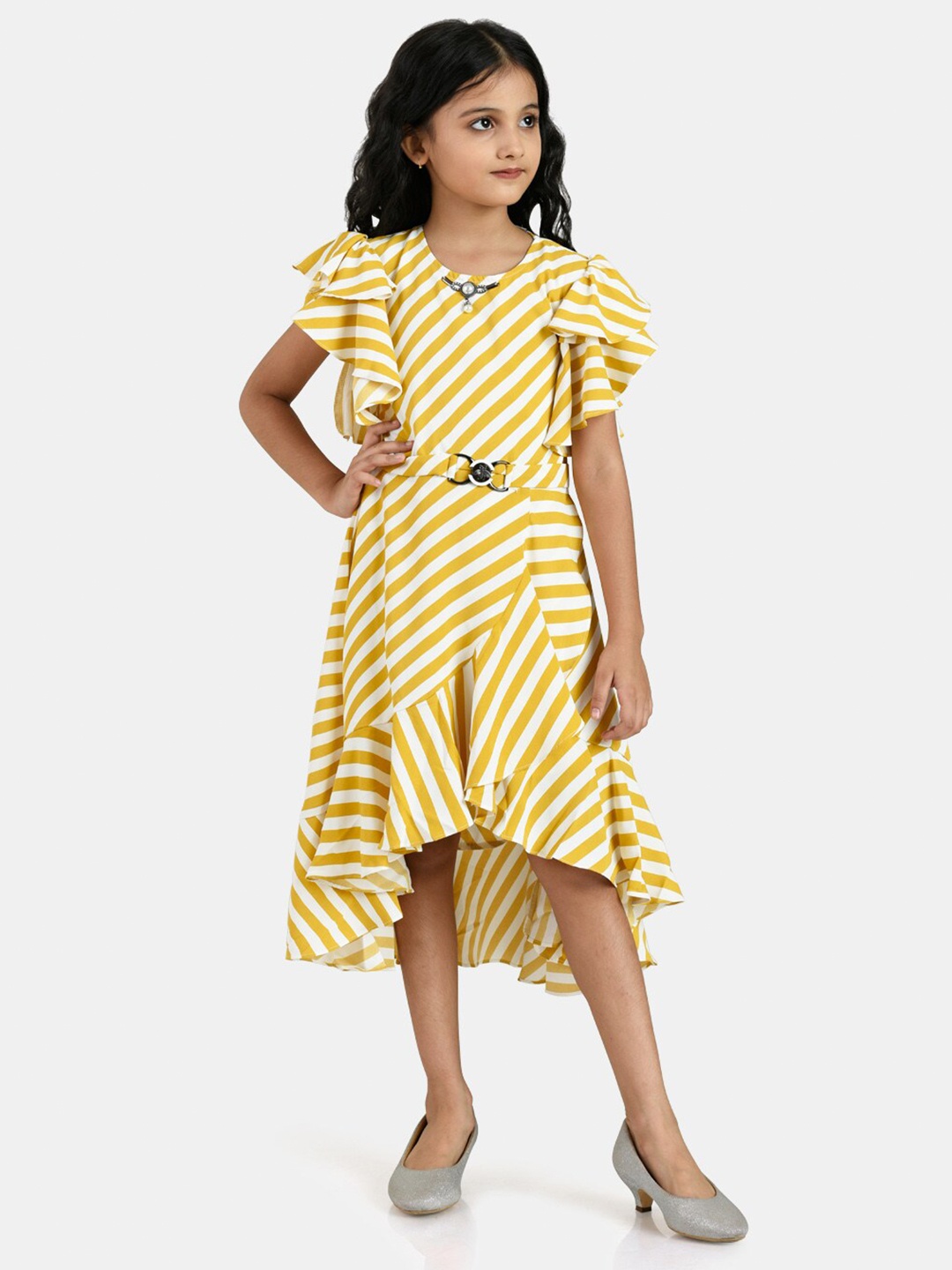 

Peppermint Girls Mustard Yellow Striped Chiffon Midi Dress
