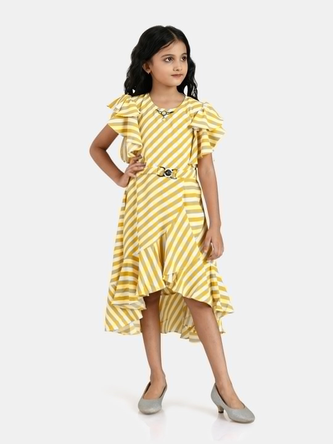 

Peppermint Mustard Yellow & White Striped Chiffon Midi Dress