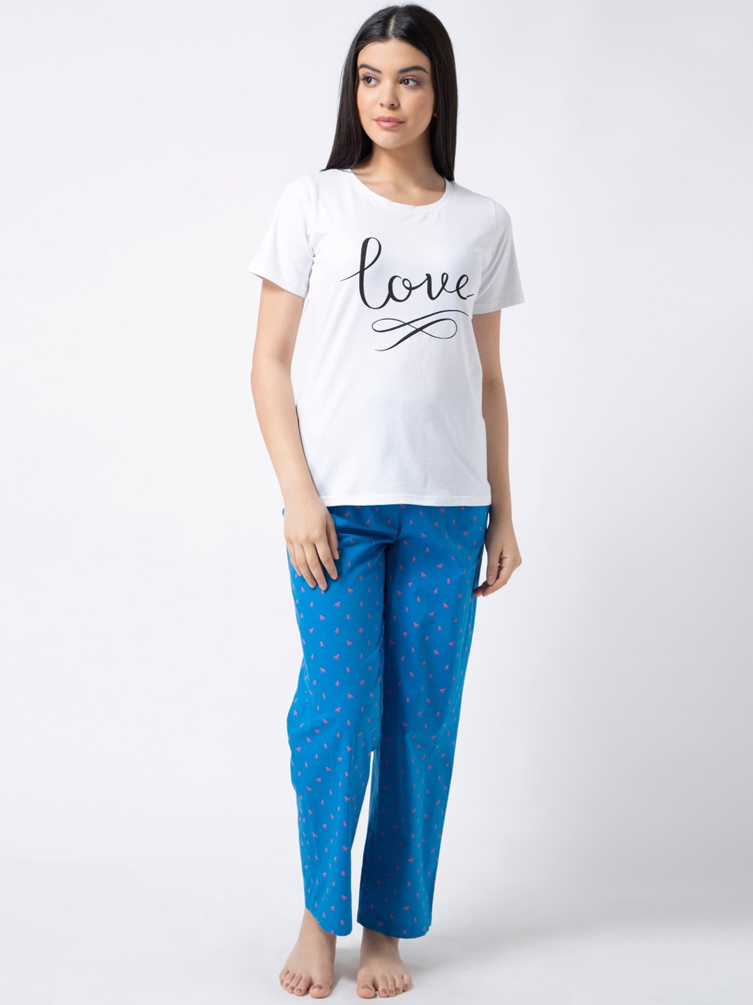

ADORENITE Women White & Blue Printed Night Suit
