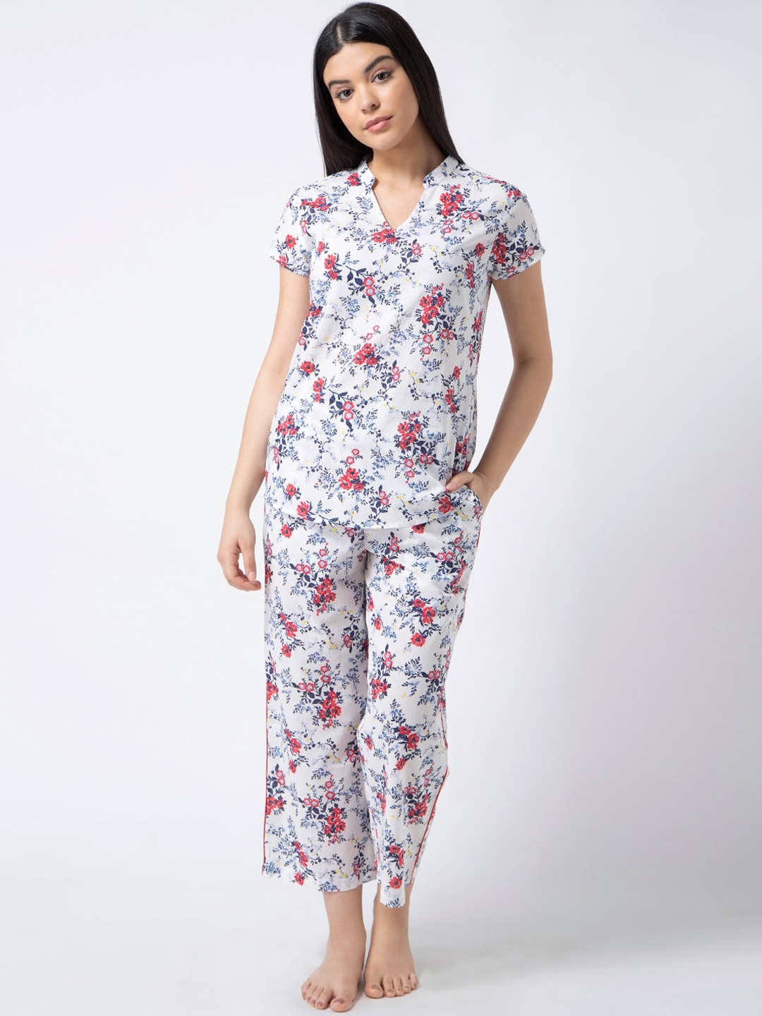 

ADORENITE Women Cotton White & Multicoloured Floral Printed Night suit