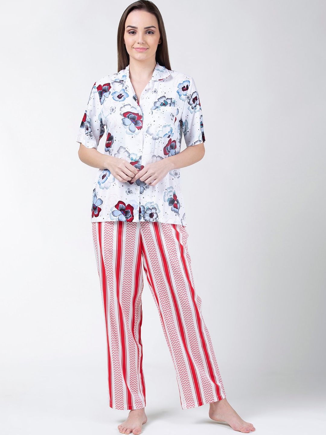 

ADORENITE Women Pack Of 2 Red & White Floral Printed Night Suit