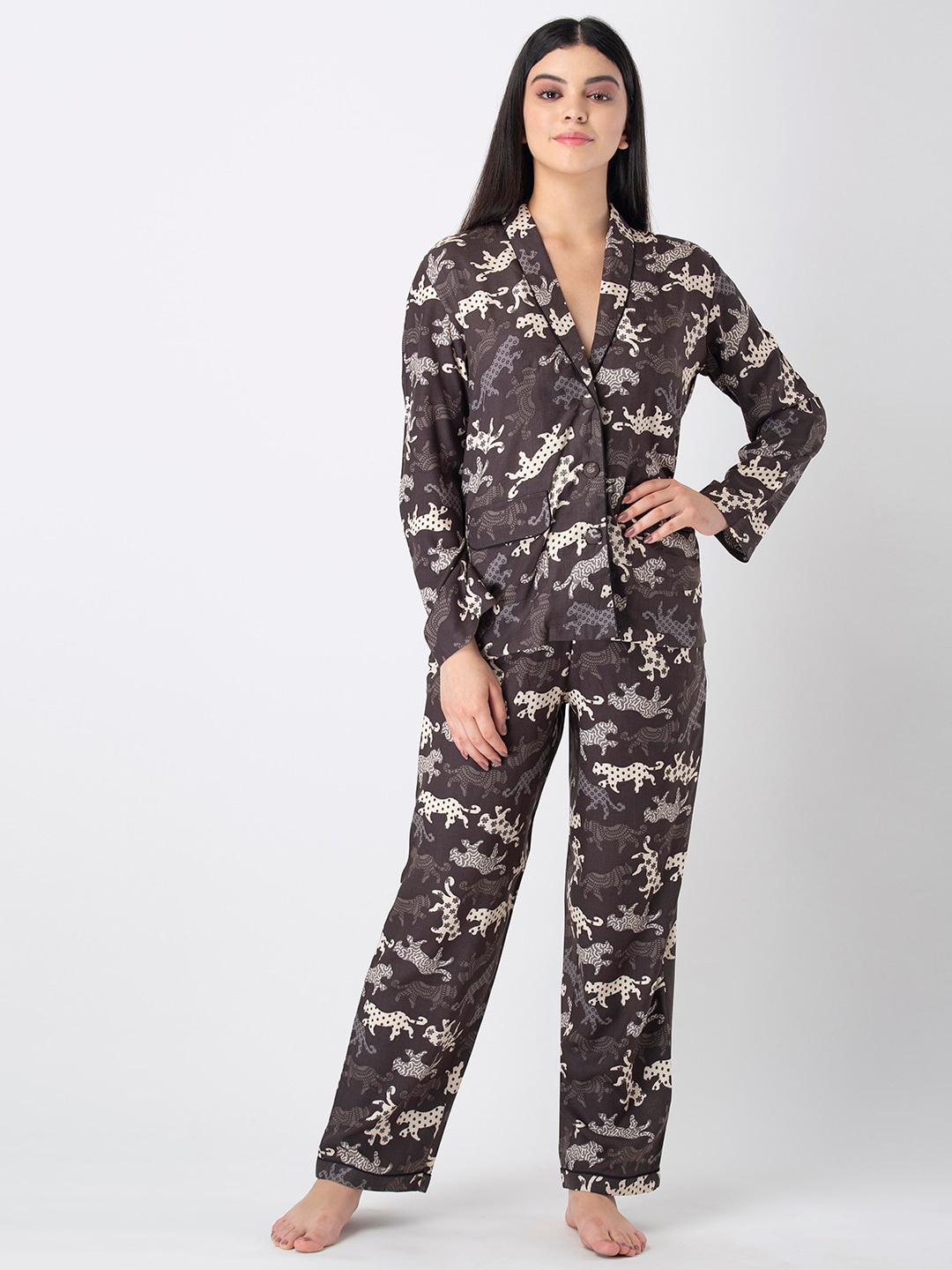 

ADORENITE Women Grey Printed Night suit