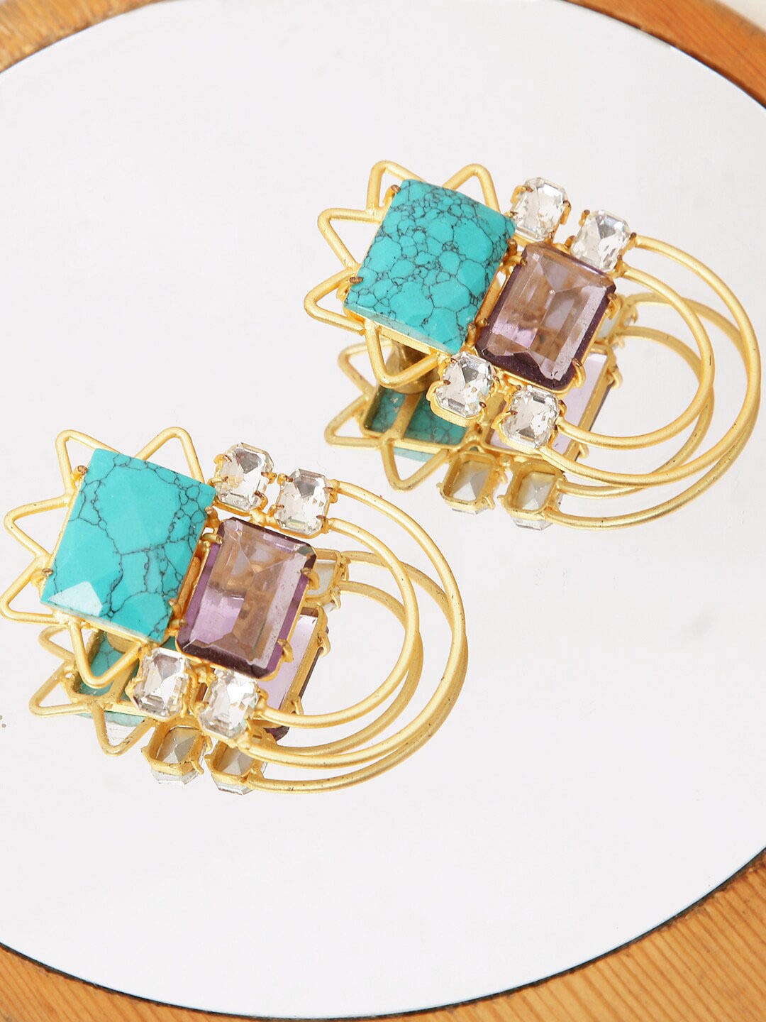 

XAGO Gold-Plated Turquoise Blue & Purple Contemporary Drop Earrings