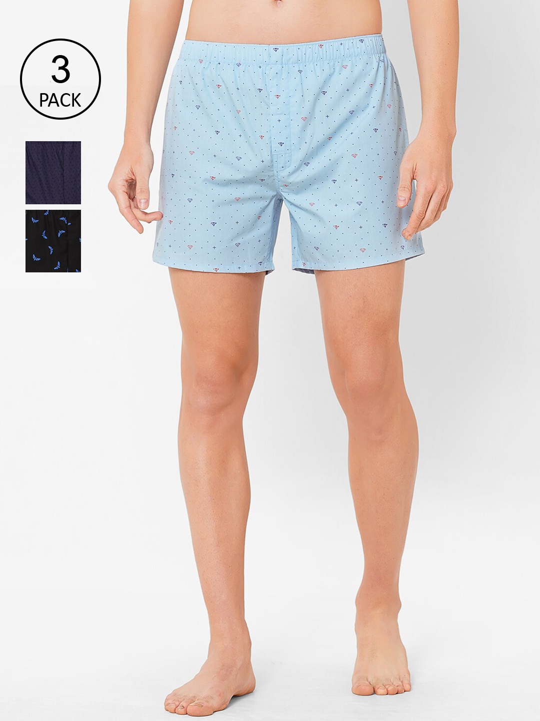 

FiTZ Men Pack of 3 Printed Pure Cotton Boxers 1049ESB_1037EBU_1034EBK, Blue