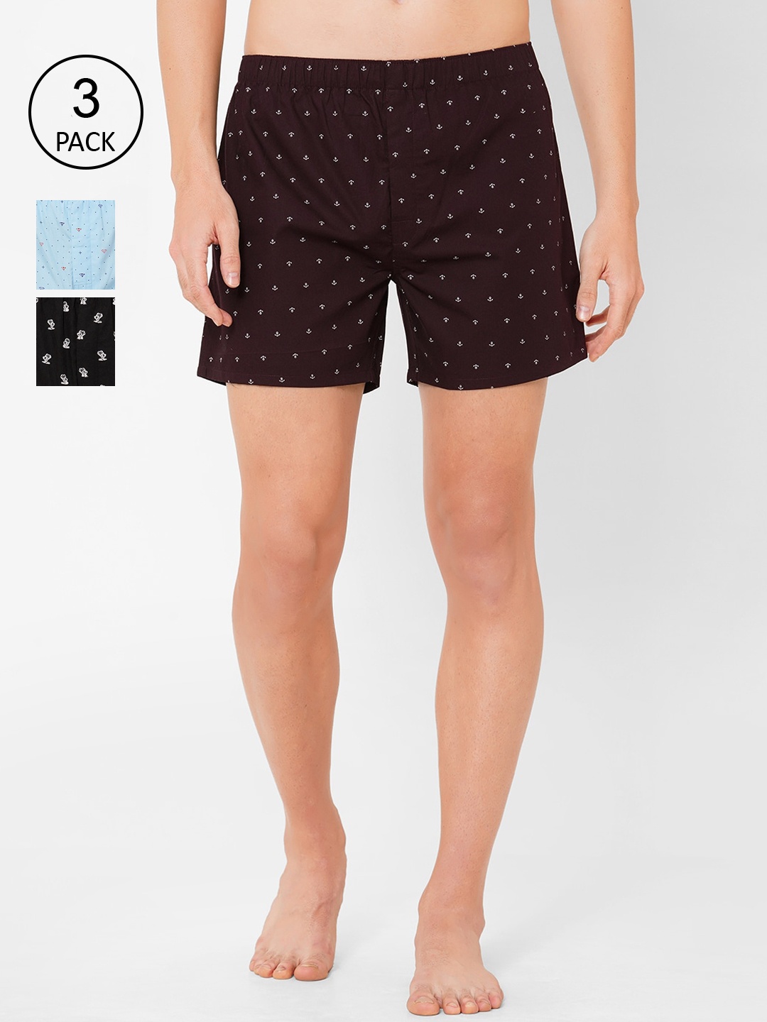 

FiTZ Men Pack of 3 Maroon & Black Printed Pure Cotton Boxers