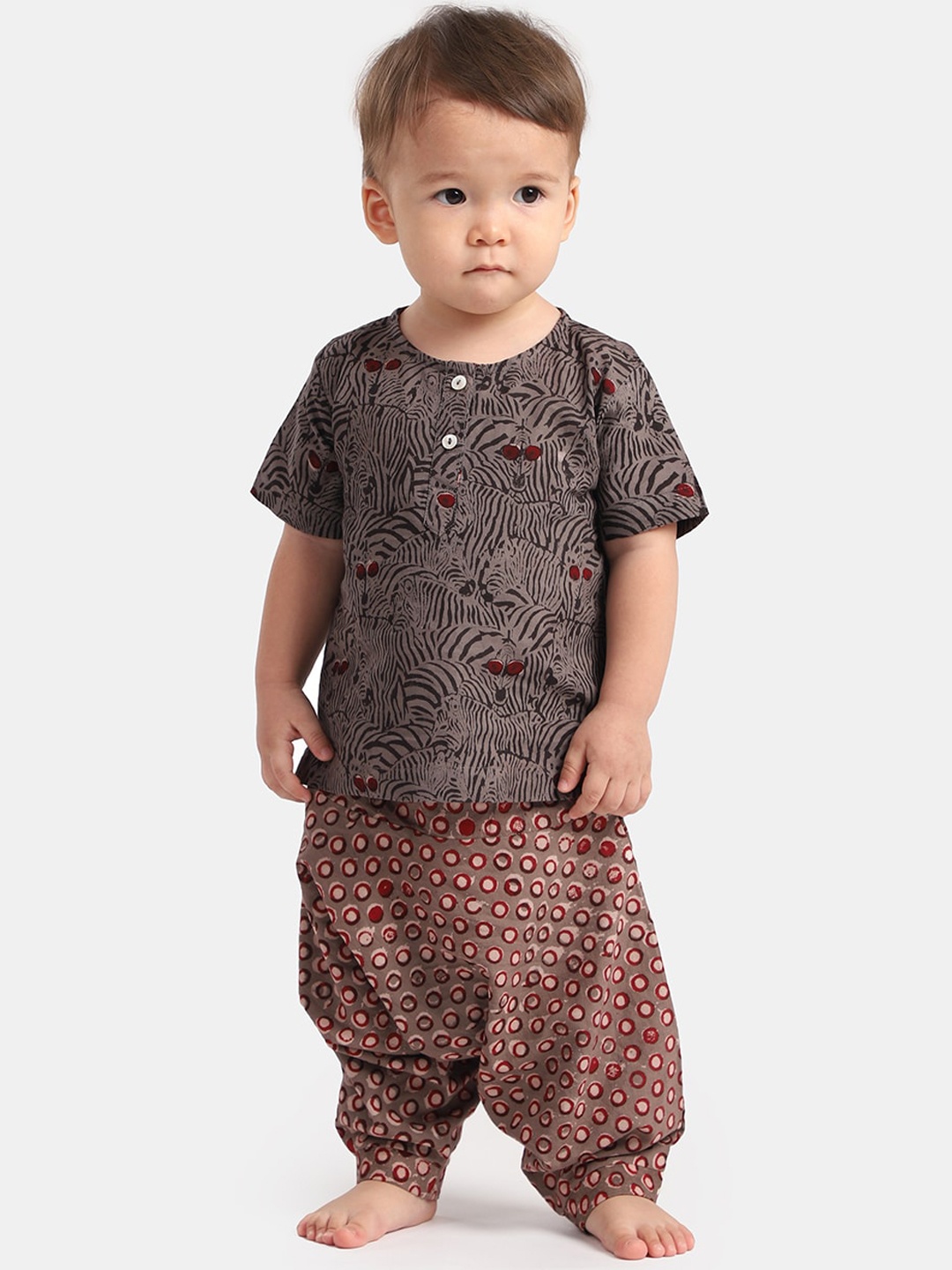 

THE BABY LABEL Kids Brown & Maroon Printed Pure Cotton Kurta with Harem Pants