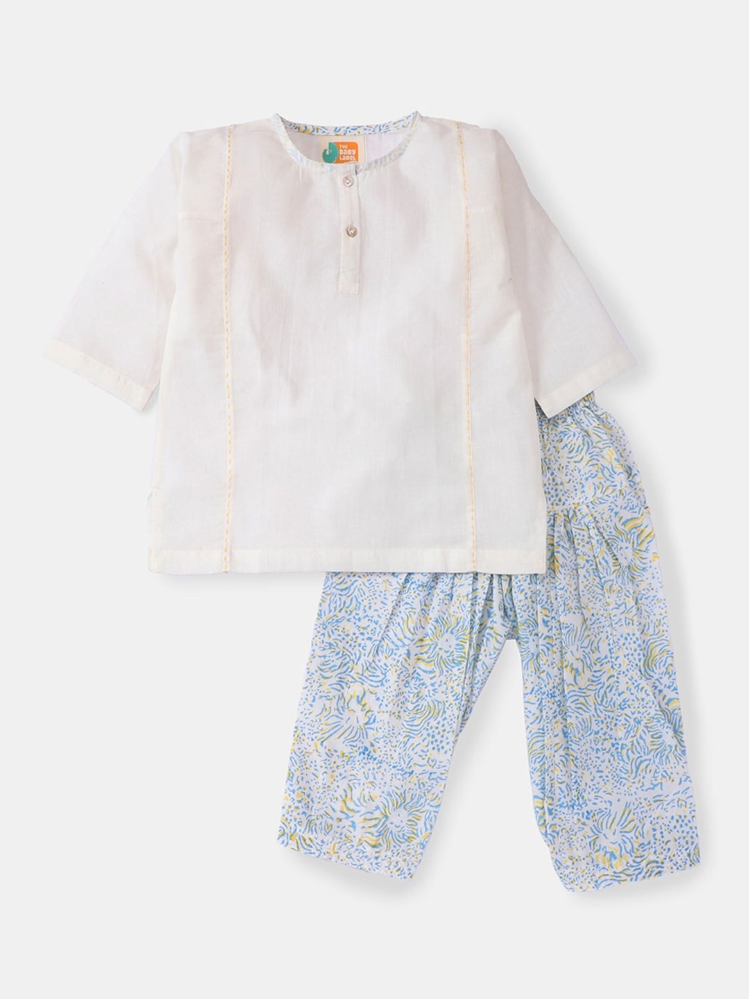 

THE BABY LABEL Girls White Blue & Yellow Panelled Pure Cotton Embroidered Kurta & Hand-Block Printed Salwar, Off white