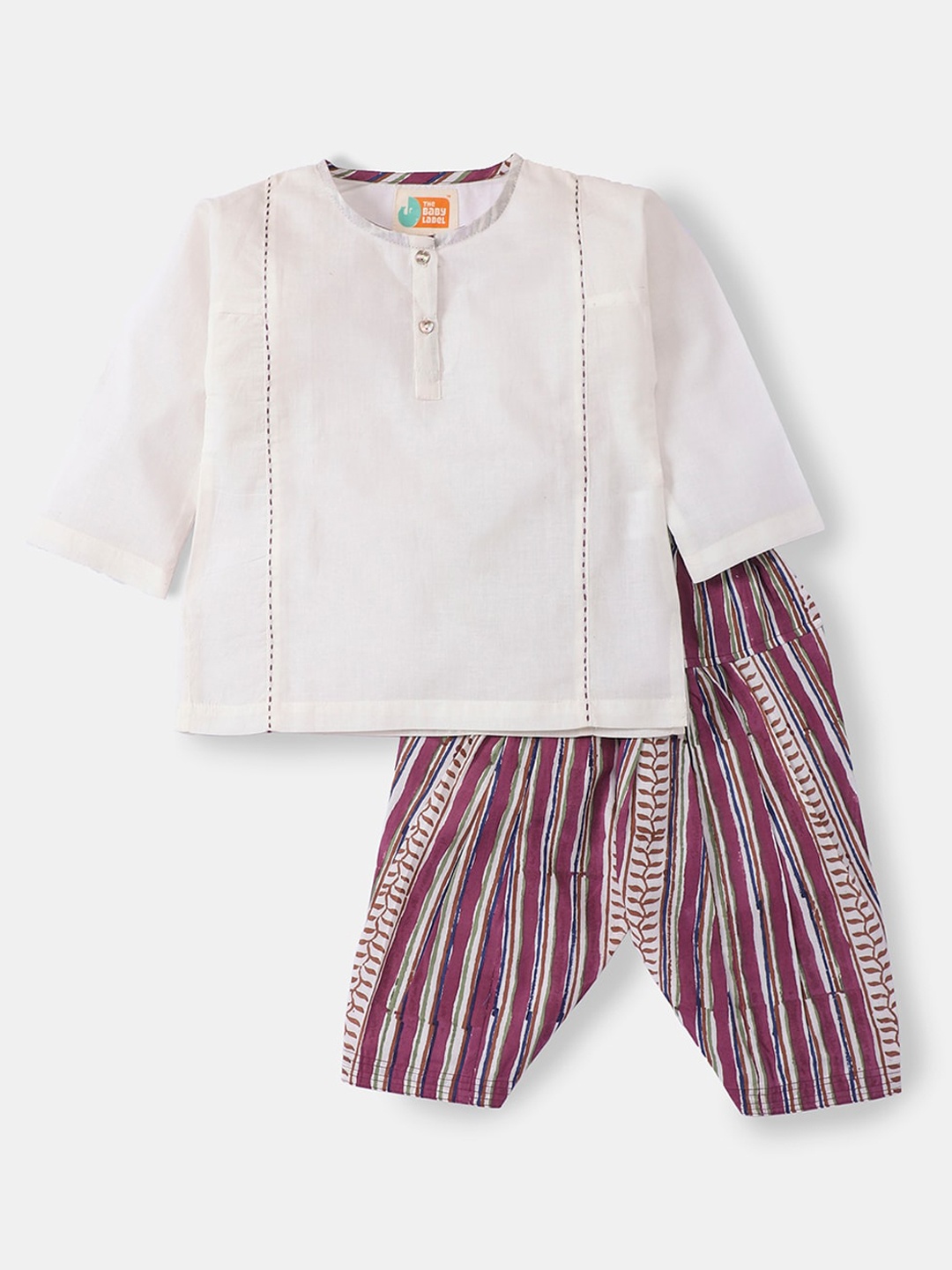 

THE BABY LABEL Girls White & Purple Panelled Pure Cotton Embroidered Kurta & Hand-Block Printed Salwar