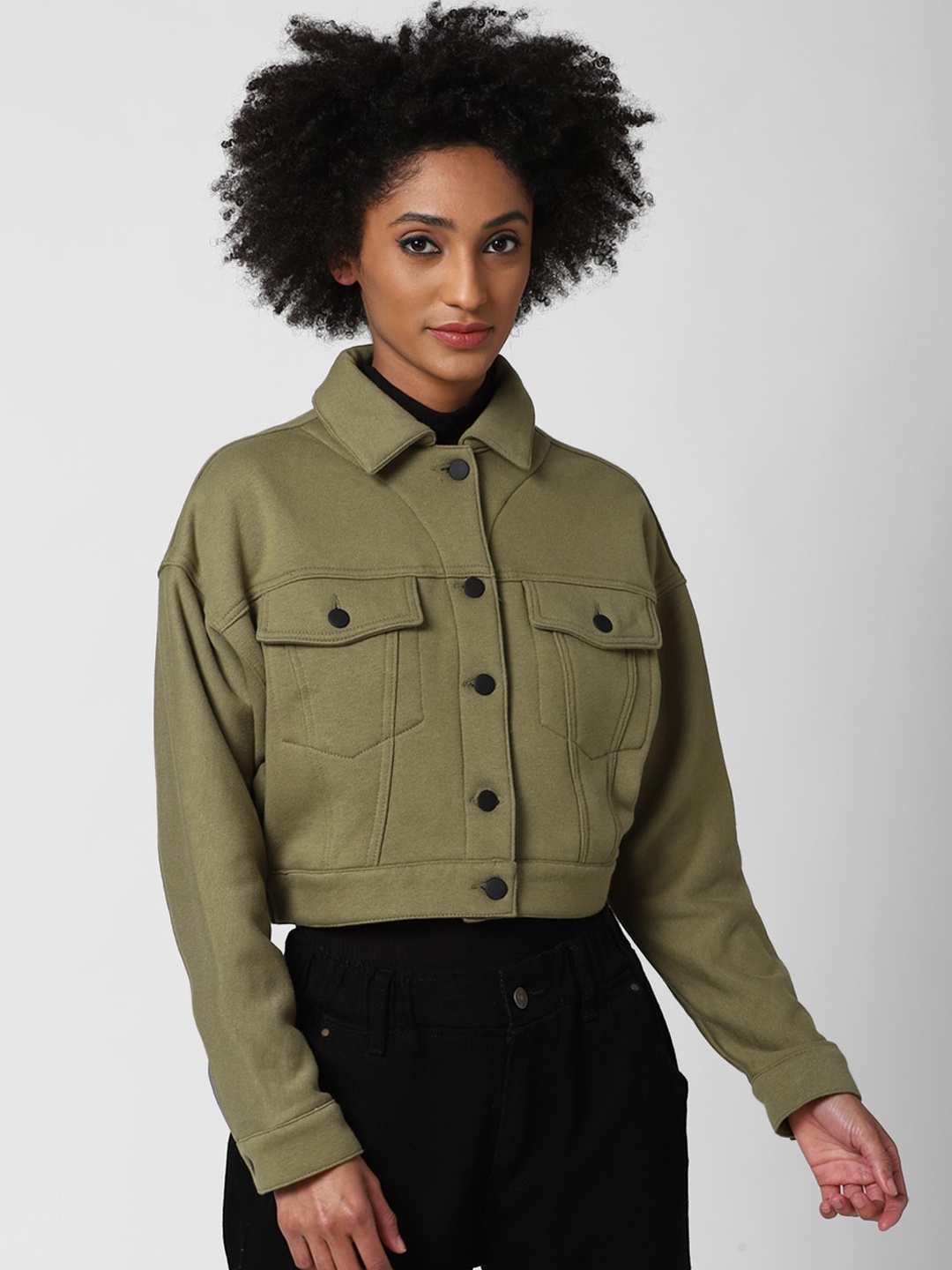 

FOREVER 21 Women Olive Green Crop Tailored Jacket