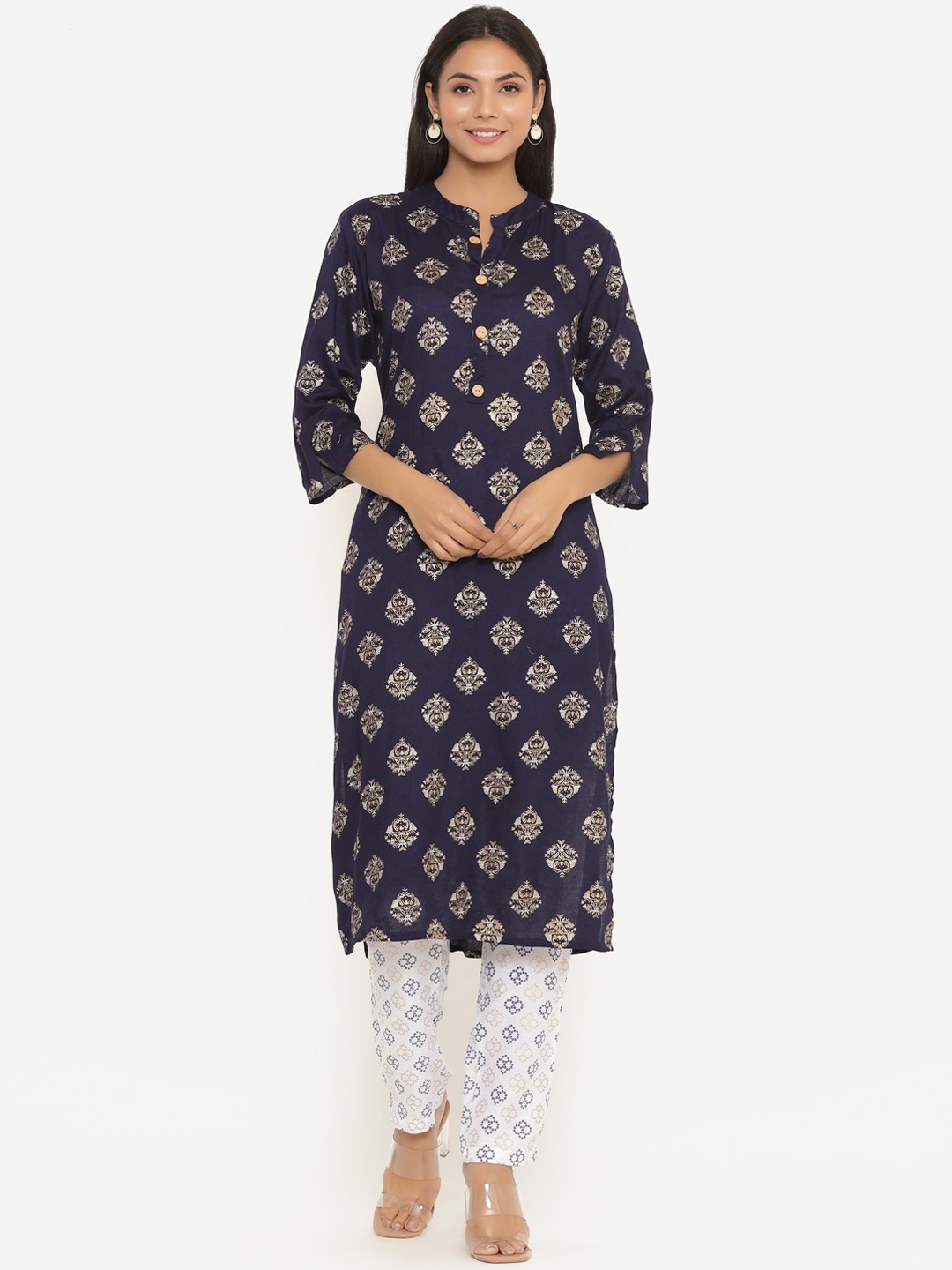 

PK Fashions Women Navy Blue Ethnic Motifs Printed Kurta with Trousers