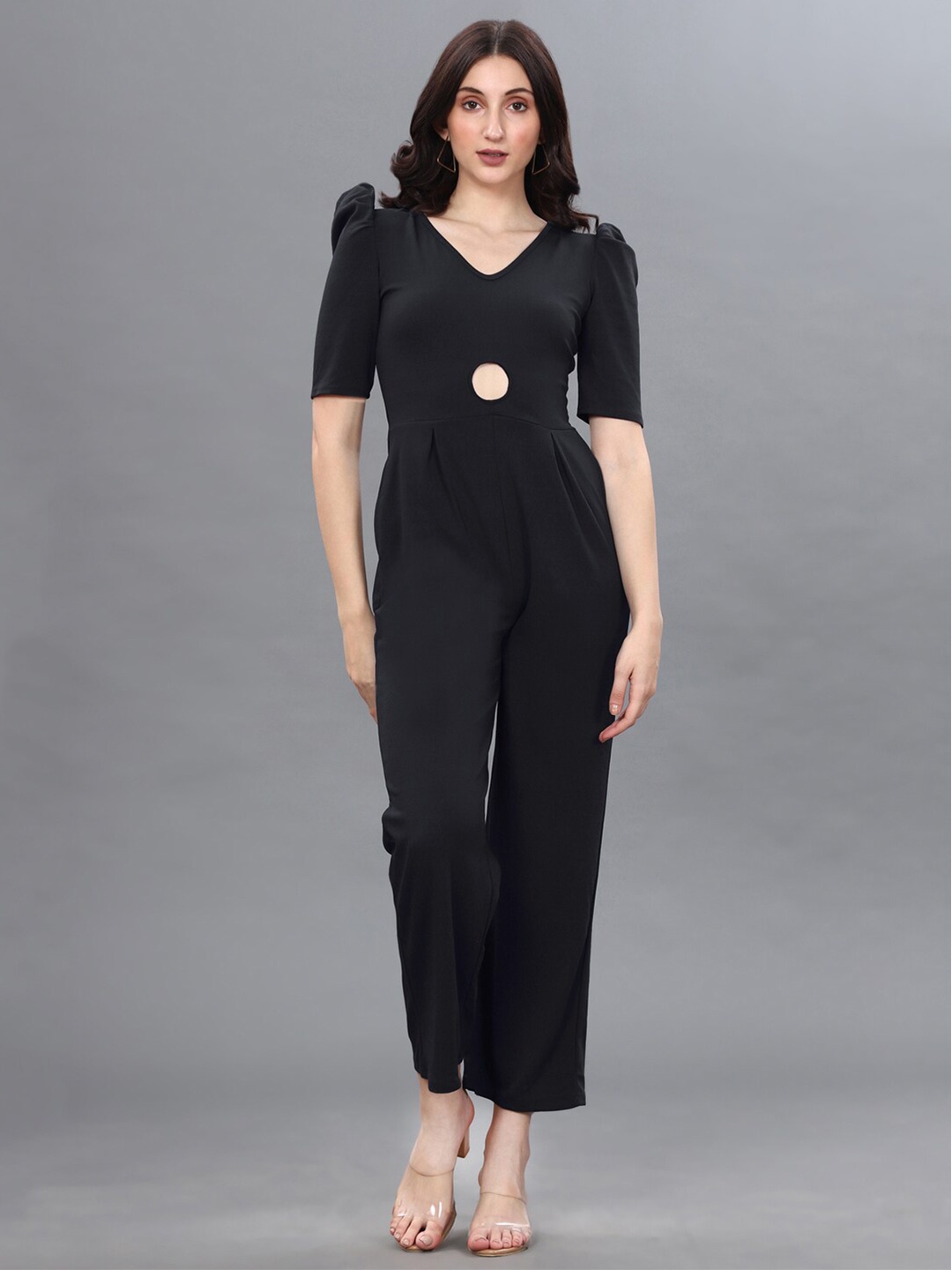 

Selvia Women Black Power Shoulder Cutout Basic Jumpsuit