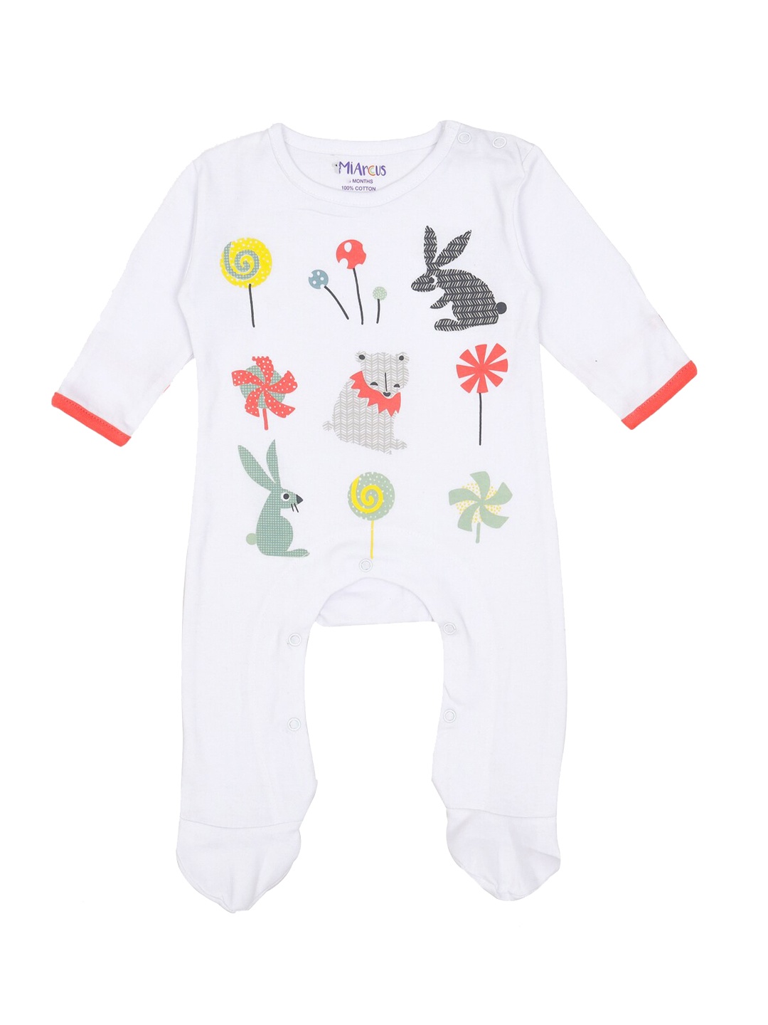 

MiArcus Kids White Printed Round Neck Cotton Sleepsuit