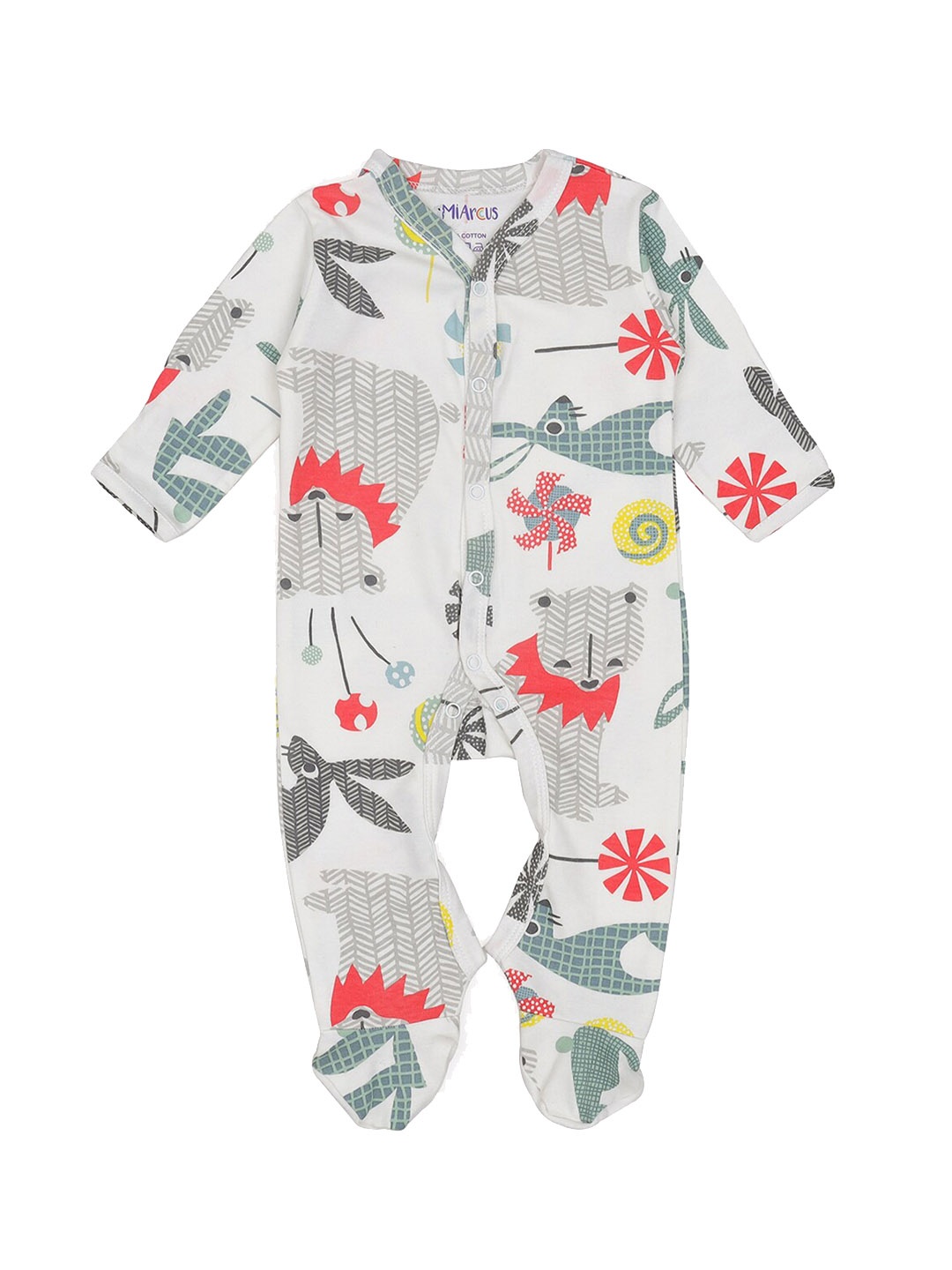 

MiArcus Infant Kids White & Grey Printed Cotton Comfy Sleep Suit With Booties