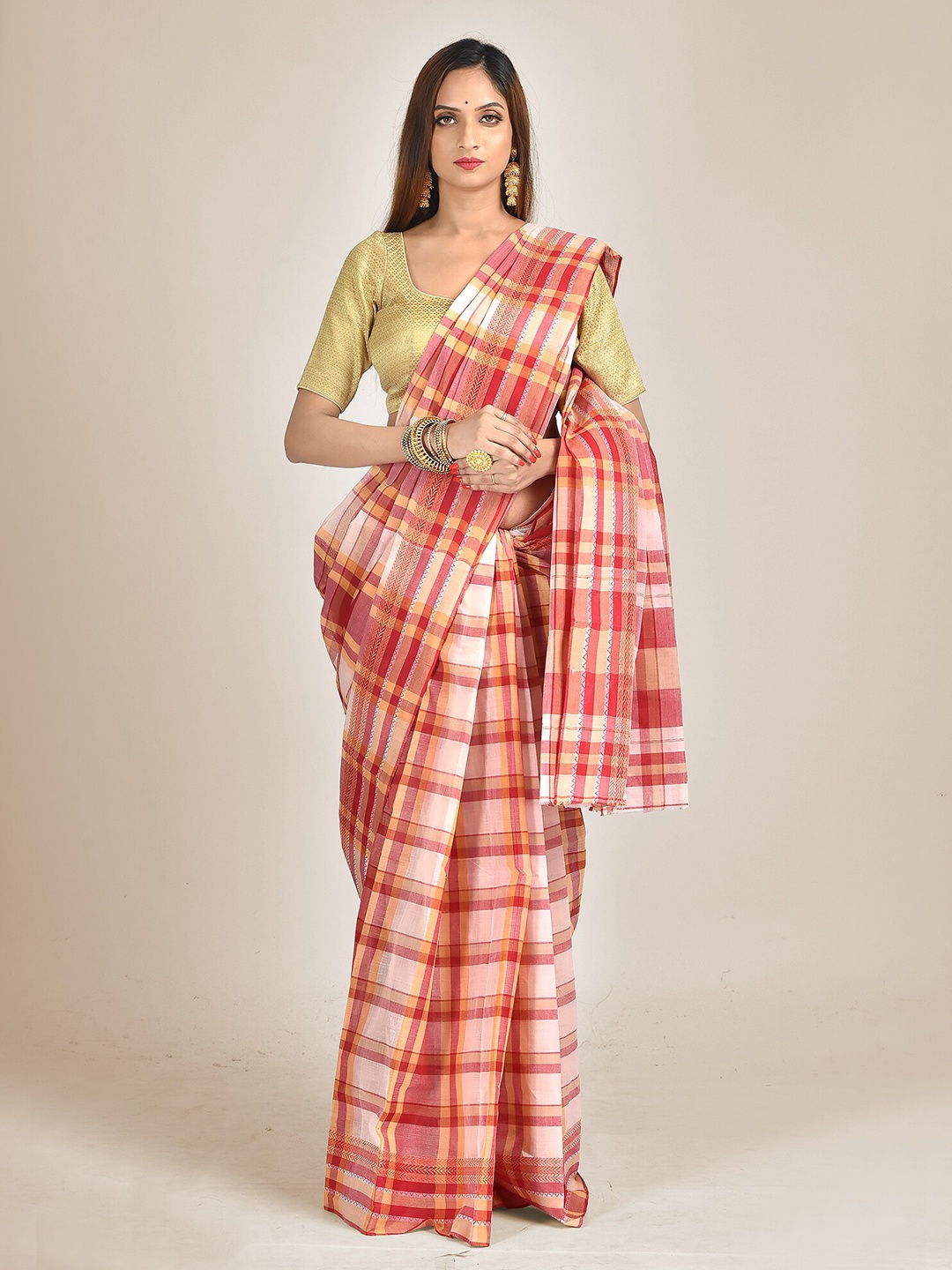 

Mitera Women Red Checked Pure Cotton Saree