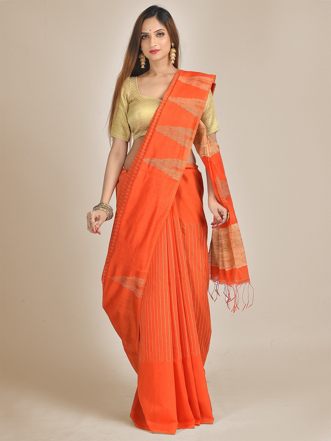 

Mitera Orange & Beige Woven Design Silk Cotton Saree