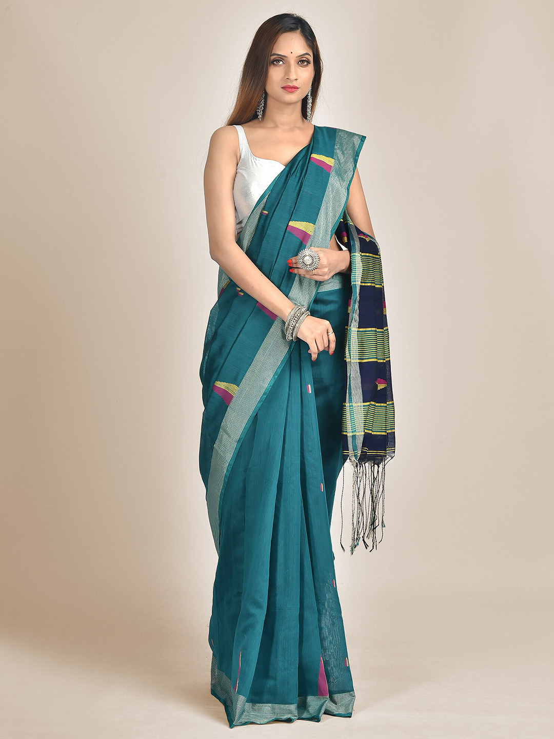 

Mitera Teal & Pink Zari Silk Cotton Saree