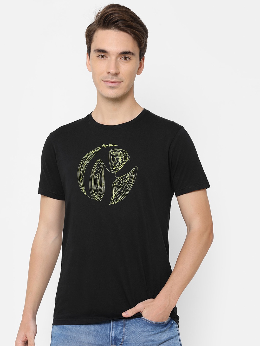 

Pepe Jeans Men Black Typography Printed Slim Fit Pure Cotton T-shirt