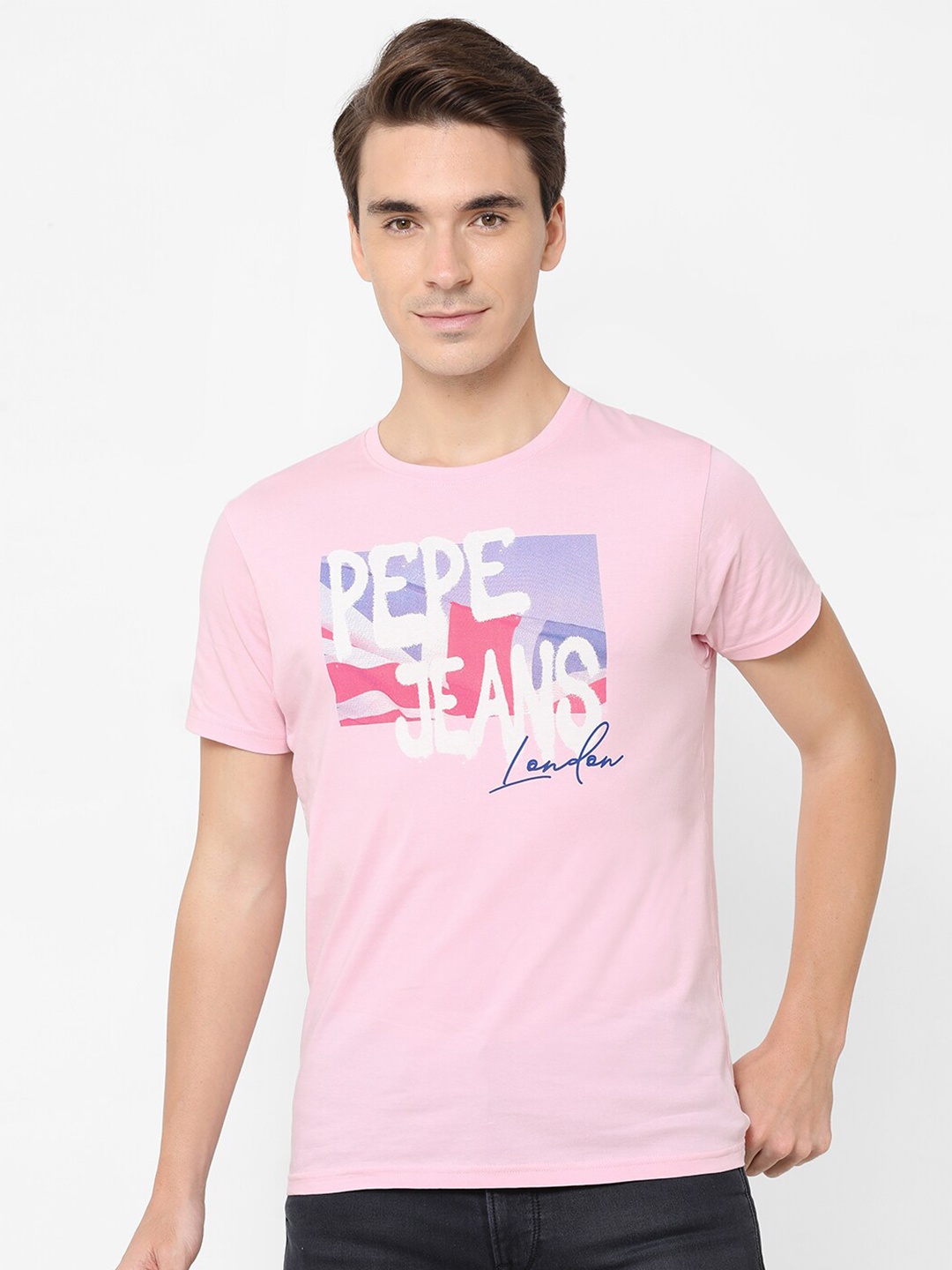 

Pepe Jeans Men Pink & White Typography Printed Pure Cotton Slim Fit T-shirt