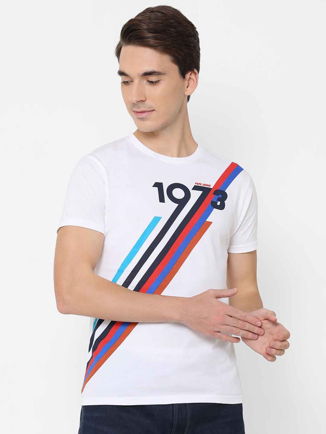 

Pepe Jeans Men White Typography Printed Pure Cotton Slim Fit T-shirt