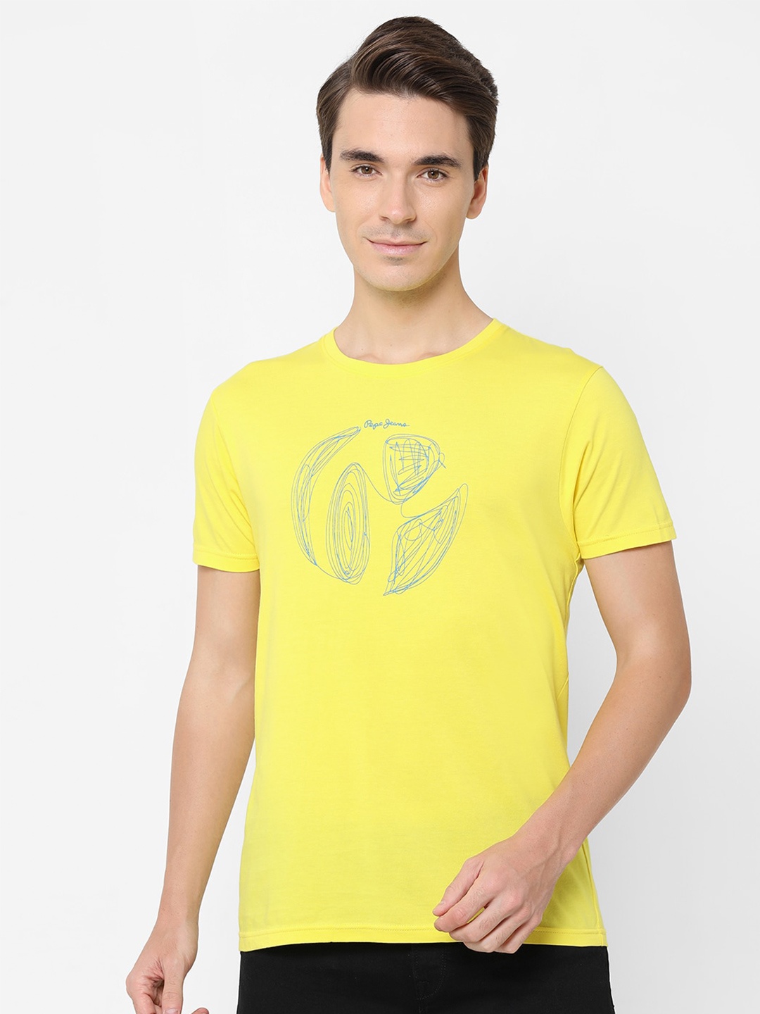 Pepe Jeans Men Yellow Printed Slim Fit Pure Cotton T-shirt
