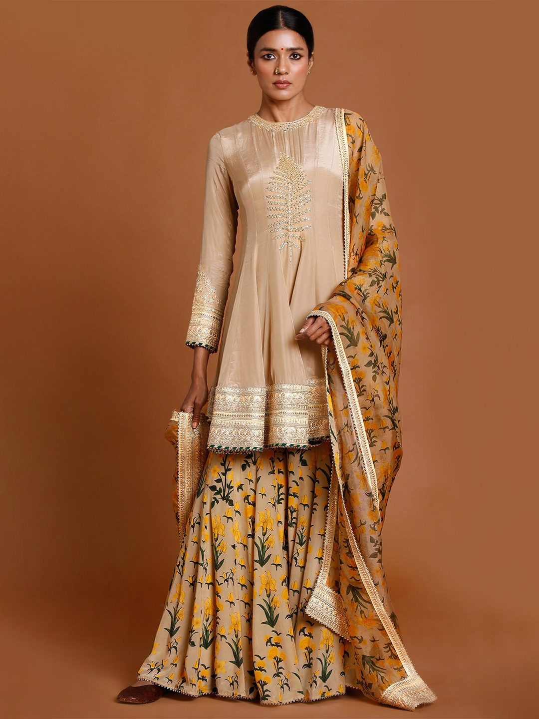 

Masaba Women Beige Floral Yoke Design Kurta with Sharara & With Dupatta