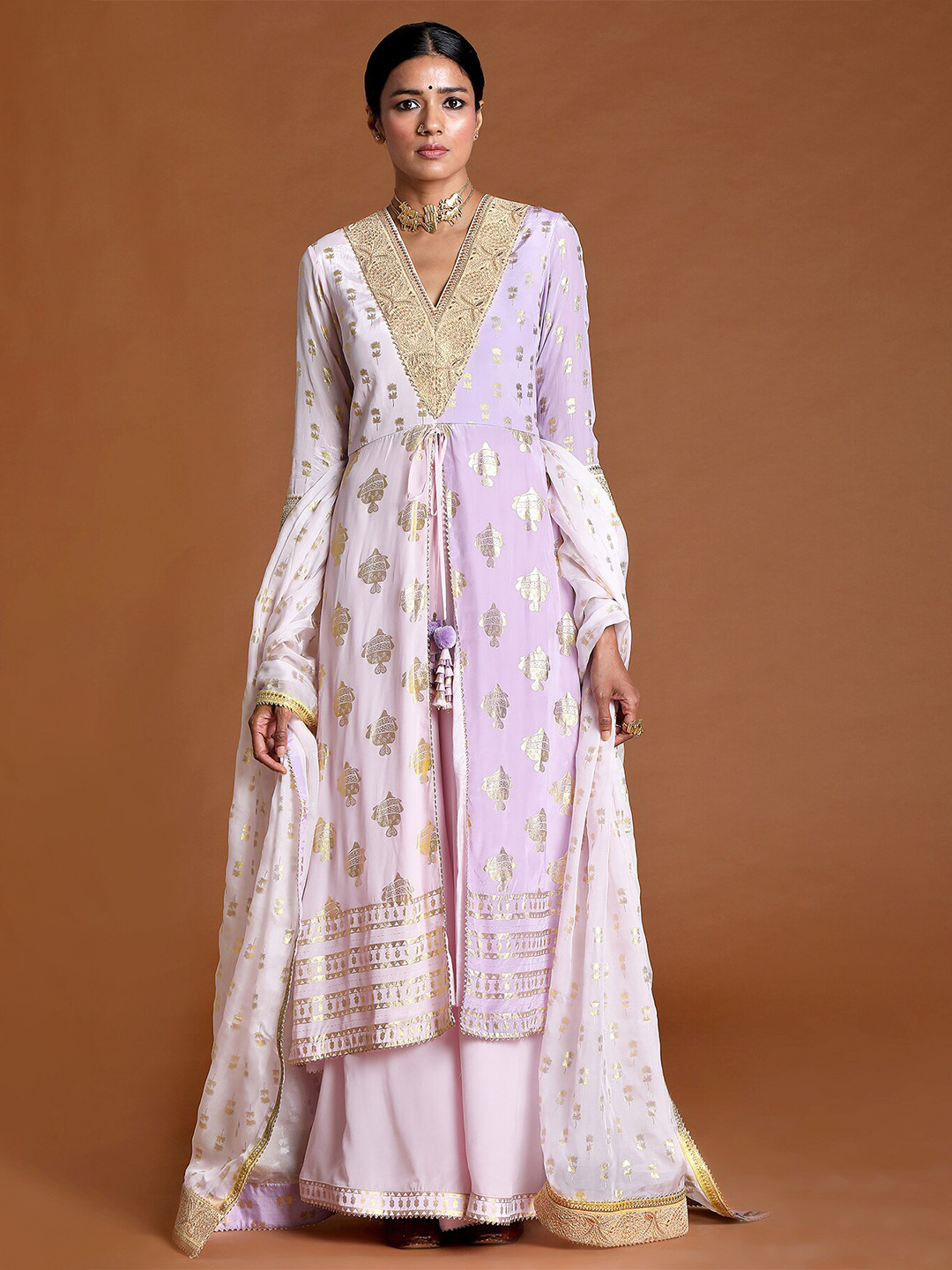 

Masaba Women Pink & Lavender Foil Printed Gotta Patti Kurta with Palazzos & Dupatta