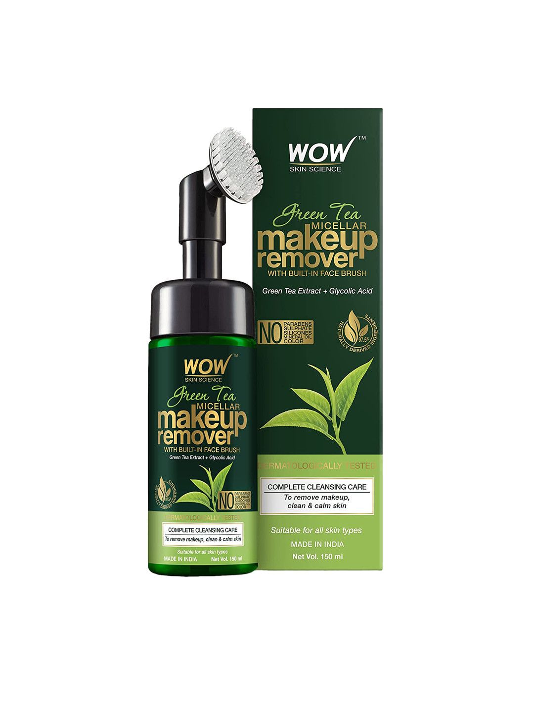 

WOW SKIN SCIENCE Green Tea Micellar Vegan Makeup Remover with Built-In Face Brush 150 ml