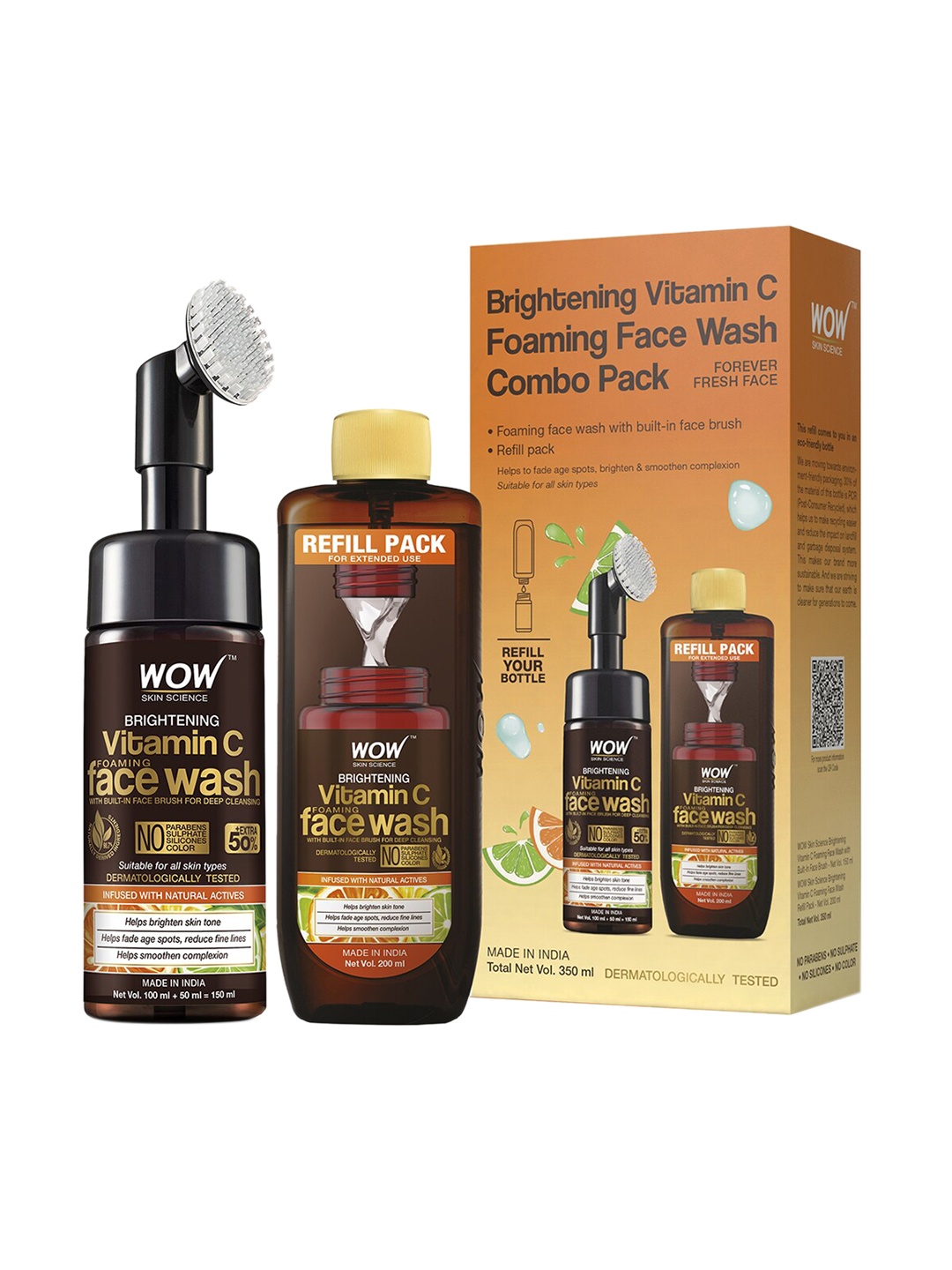 

WOW SKIN SCIENCE Brightening Vitamin C Foaming Face Wash 150 ml + Refill Pack 200 ml, Brown