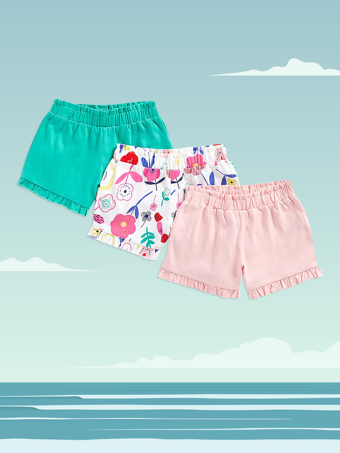 

mothercare Infant Girls 3-Pcs High-Rise Pure Cotton Shorts, Green