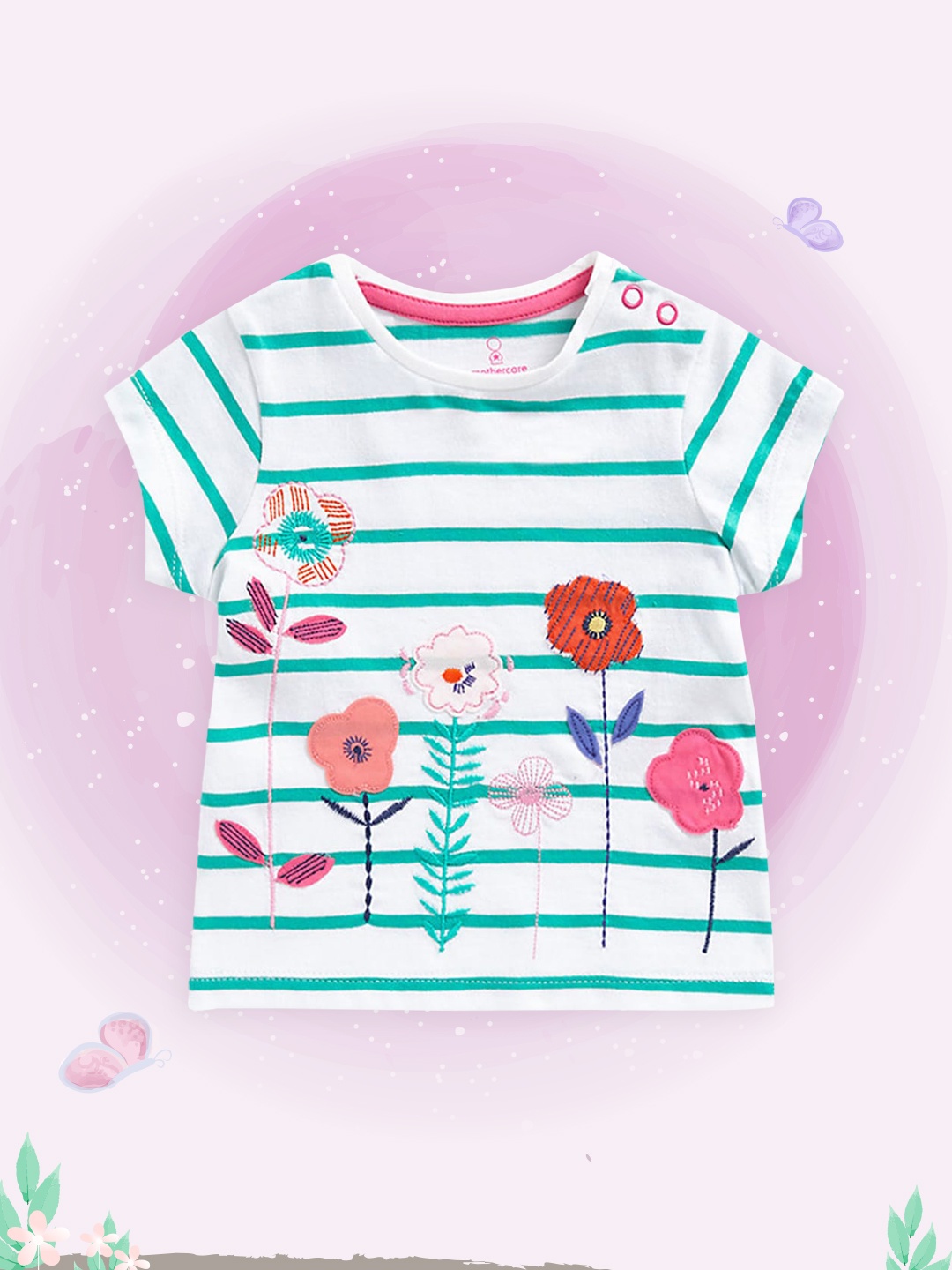 

mothercare Infant Girls White & Green Striped Top With Floral Embroidery