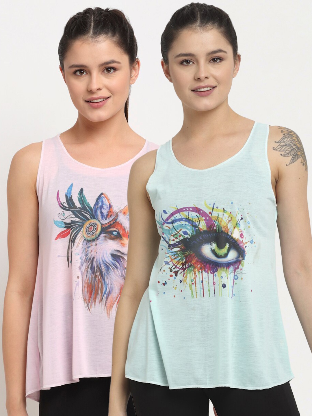 

MACK JONNEY Pack Of 2 Green & Pink Printed Tank Top