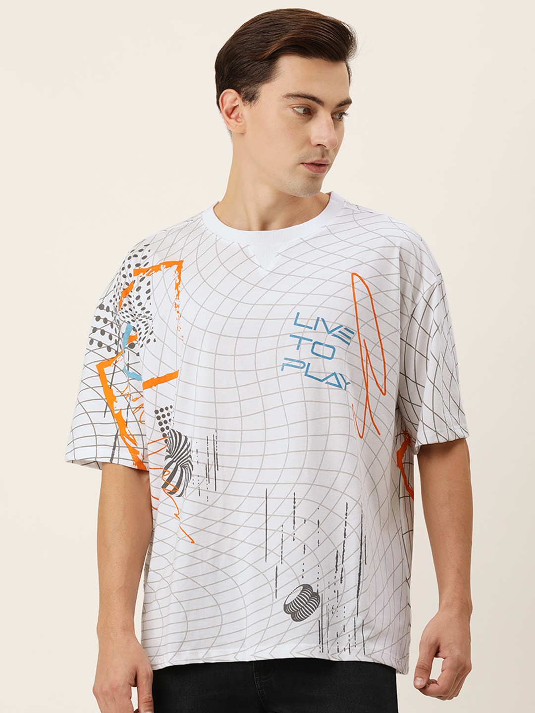 

FOREVER 21 Men White & Grey Printed Drop-Shoulder Sleeves T-shirt